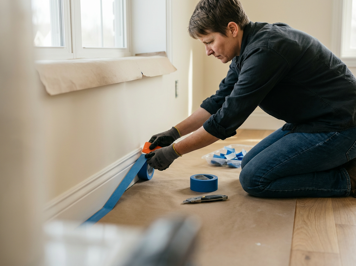 A man kneeling on the floor, installing blue painter's tape along the baseboard near a window in a room with light-colored walls and hardwood floors.