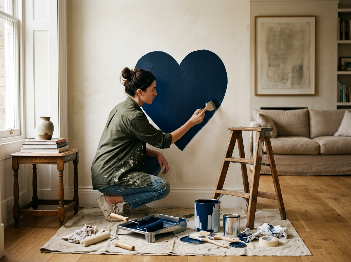 A woman is painting a large dark blue heart on a wall inside a living room. She is crouching down with a paintbrush, sitting on a paint-stained cloth with painting supplies scattered around, including paint cans, rollers, and brushes. There is a small side table with books and a vase, a beige sofa, and a framed picture on the wall.