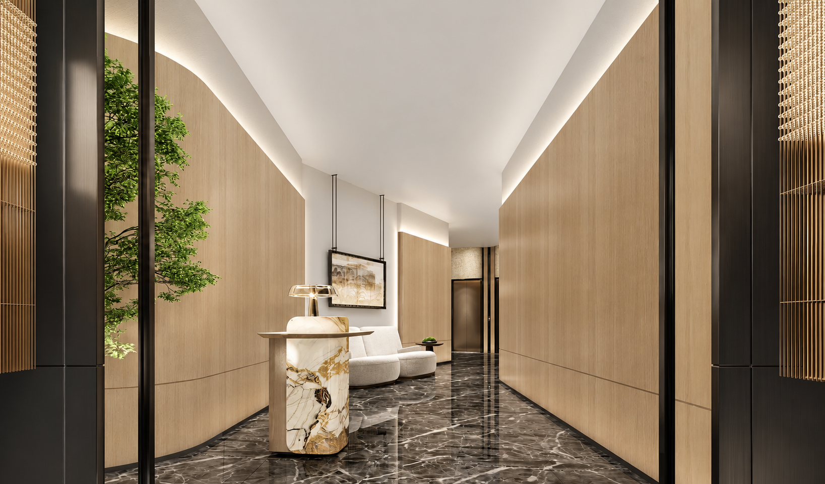 Modern luxury hotel lobby with wood-paneled walls, marble console table, lounge chairs, indoor tree, and glossy black marble floor