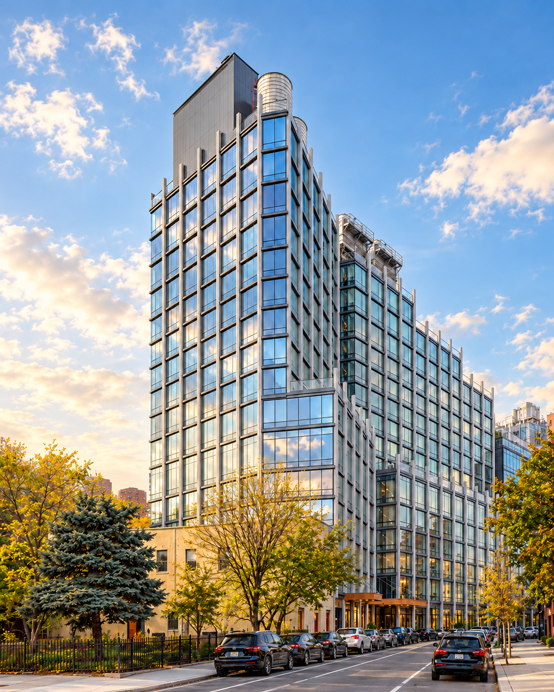 Modern glass-and-steel high-rise building on a tree-lined city street under a blue sky