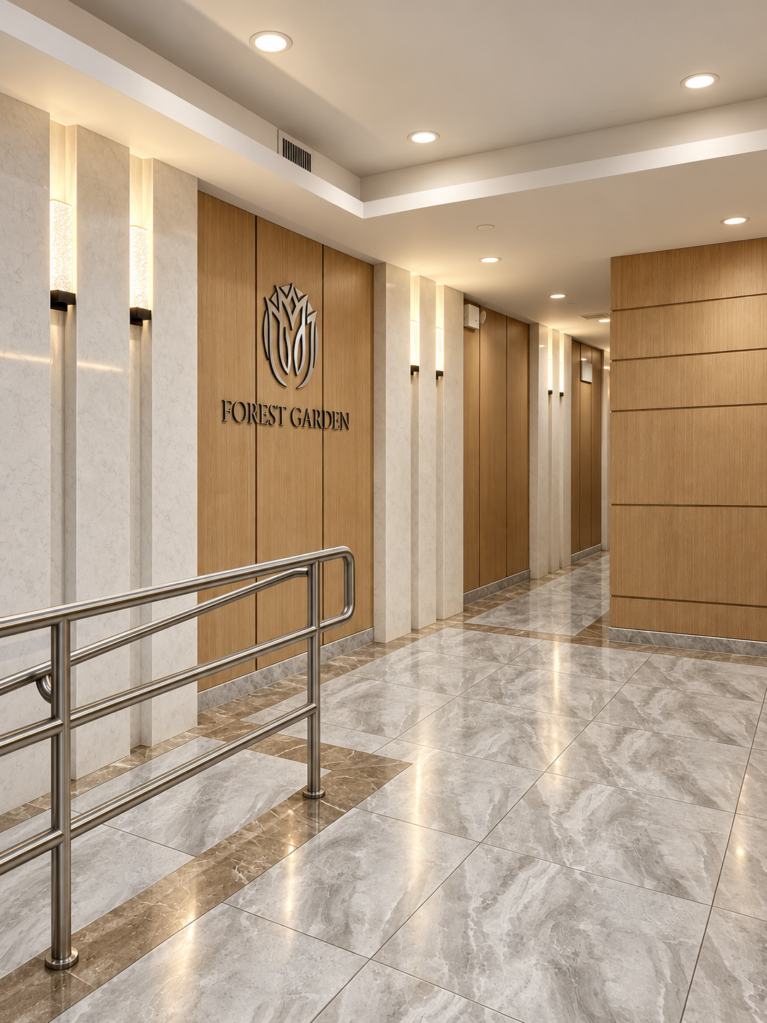Elegant Forest Garden lobby hallway with wood-paneled walls, marble floors, decorative lighting, and metal handrails