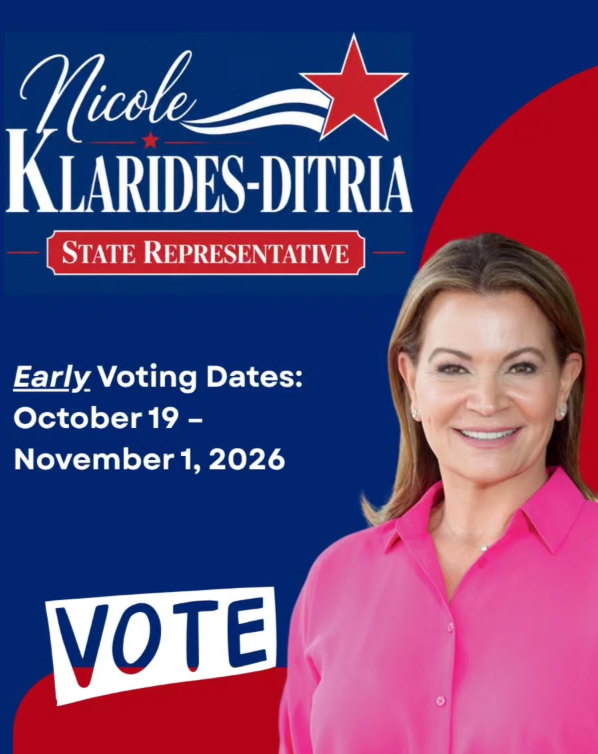 Campaign poster for Nicole Klarides-Ditria, a state representative candidate, with early voting dates from October 19 to November 1, 2026. The poster features her smiling in a pink shirt, with patriotic colors and symbols.