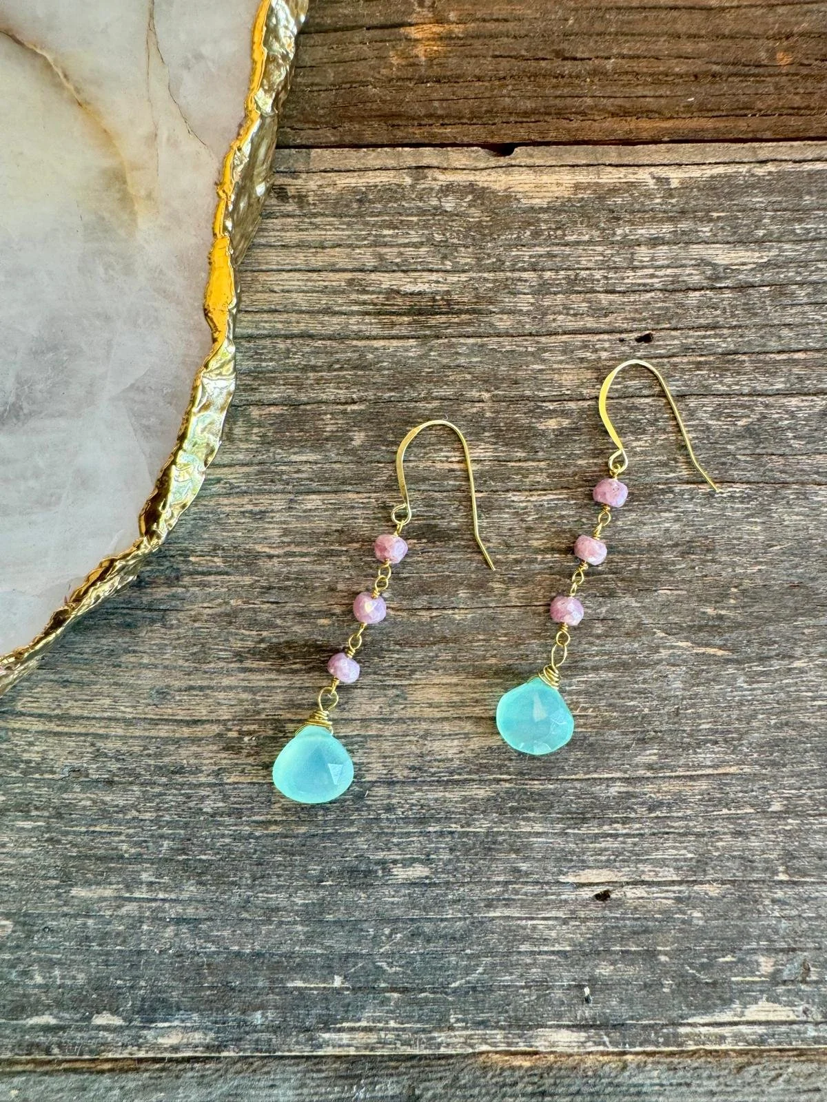 Aqua Bead Earrings with Pink Accents