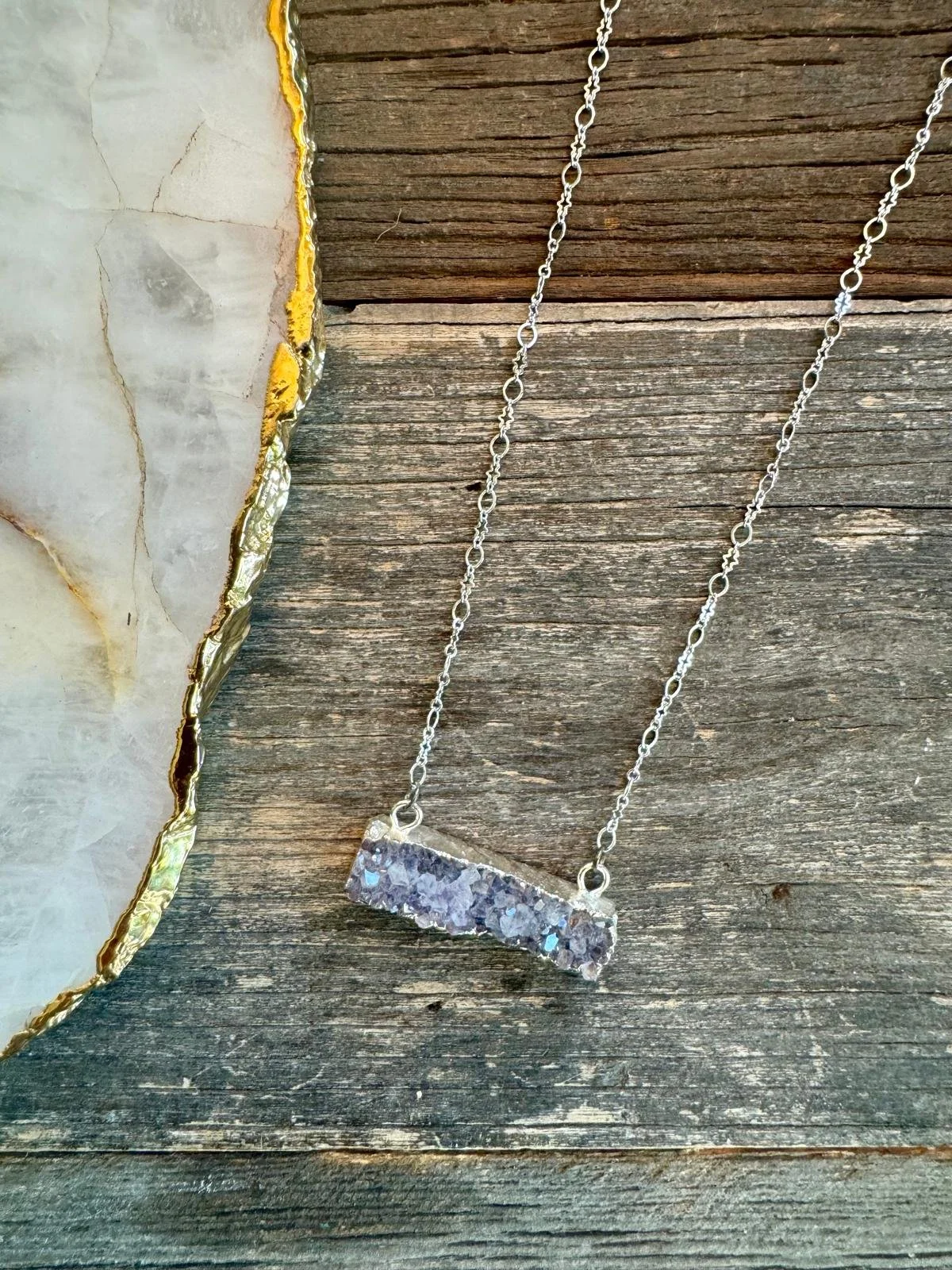 Pale Blue Druzy Bar Pendant Necklace