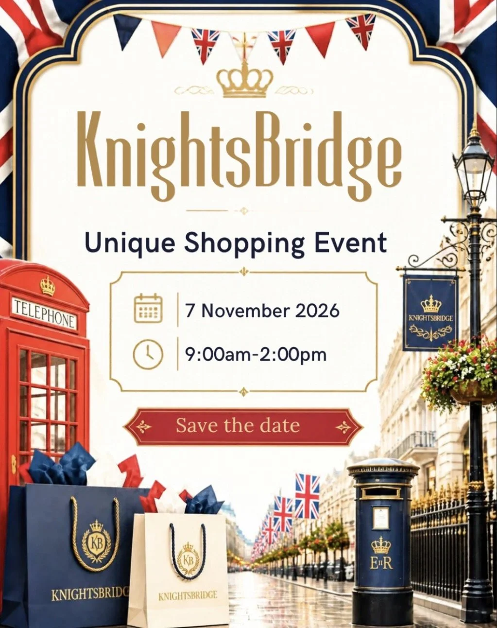 Promotional poster for KnightsBridge shopping event on November 7, 2026, from 9:00 am to 2:00 pm, featuring Union Jack flags, red telephone booth, shopping bags, and London street scene with decorative lampposts and banners.