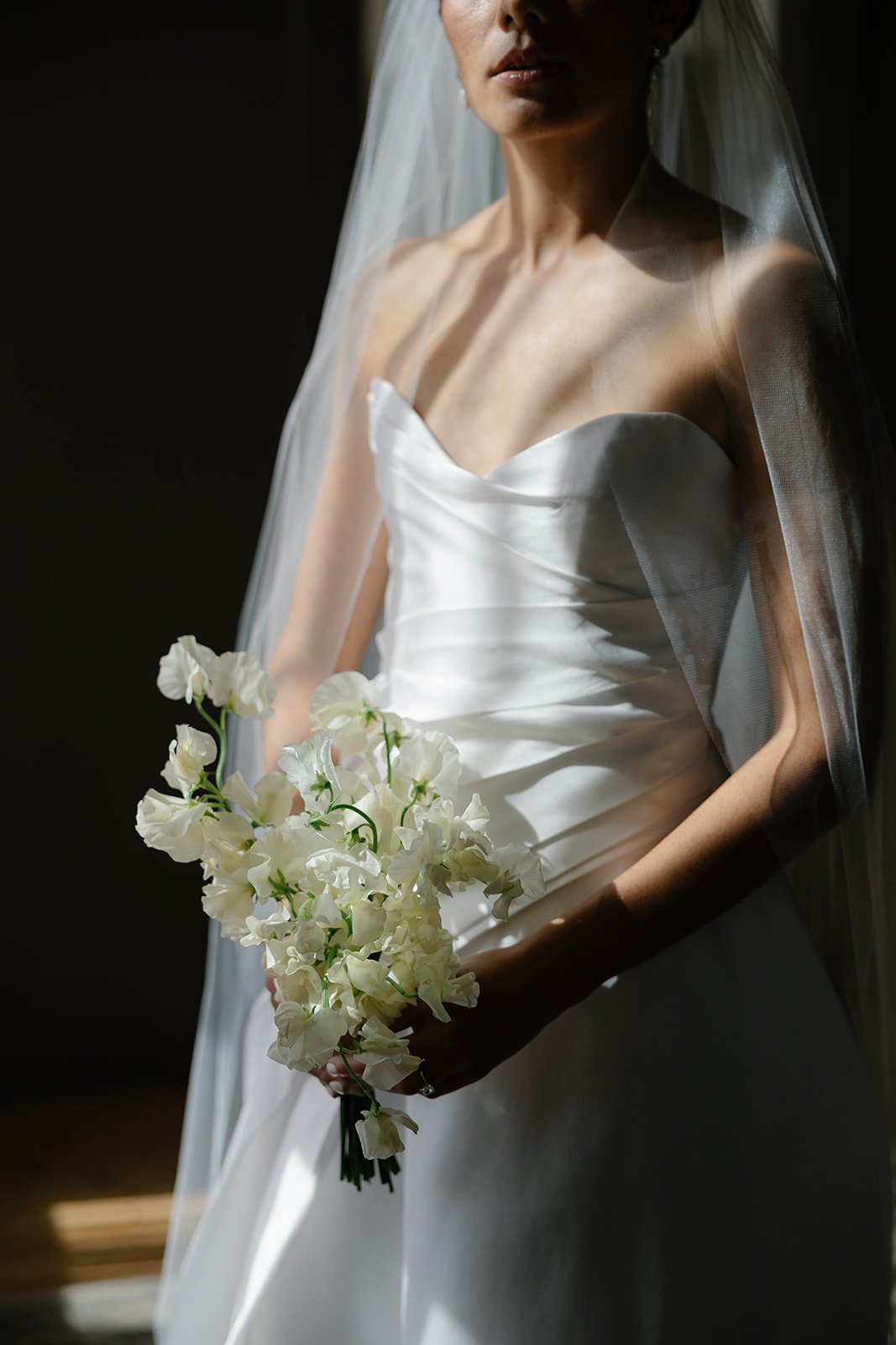 Bride in a white wedding dress and veil holding a bouquet of white flowers