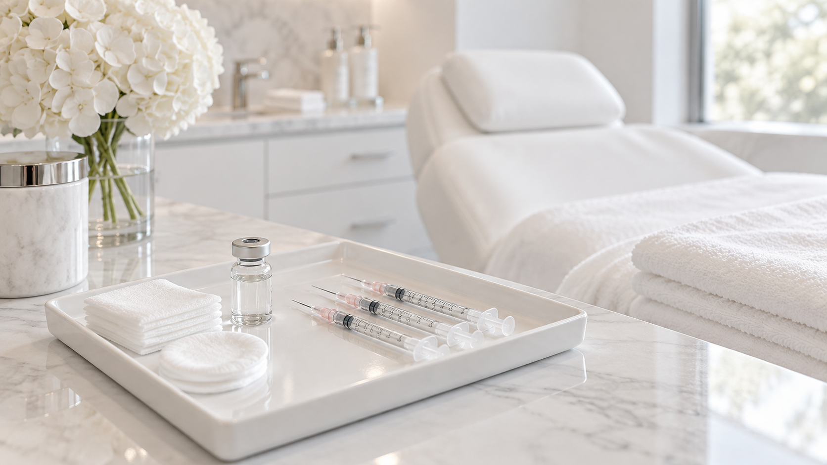 Medical syringes, vaccine vial, and sterile gauze pads on a tray in a spa or clinic room with white robes and a flower bouquet.