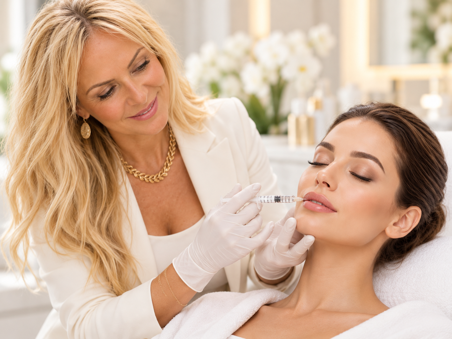 A woman receives a cosmetic injection from a doctor in a bright, clean clinic.