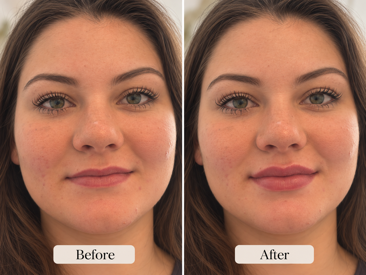 Side-by-side comparison of a woman before and after skincare treatment, showing improvements in skin clarity and texture.