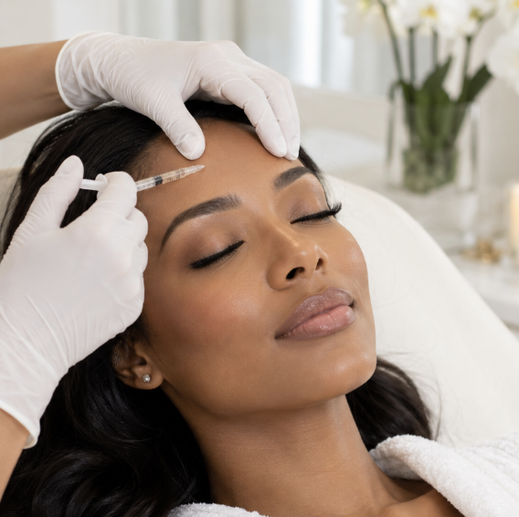A woman gets an injection in her forehead from a medical professional wearing white gloves, while lying down with eyes closed in a medical setting.