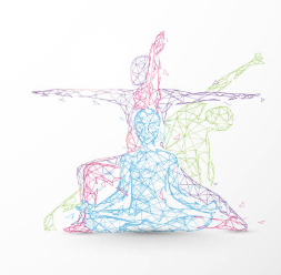 Colorful wireframe sketches of a person meditating in a seated yoga pose with arms outstretched and a bird flying above.