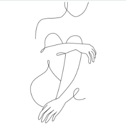 Line drawing of a person sitting with knees pulled up, arms wrapped around legs, in a minimalist style.