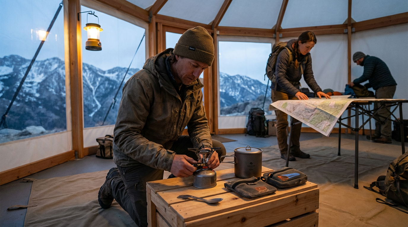 Campers prepare gear and a hot meal inside a mountain shelter overlooking snowy peaks.
