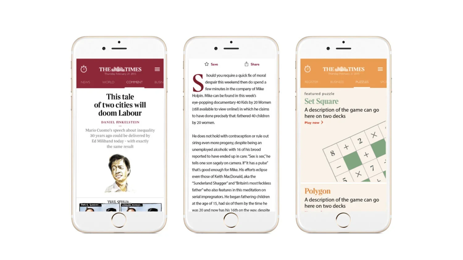 Three iPhones displaying different pages of The Times and Sunday Times news app, with headlines, articles, and interactive quizzes.