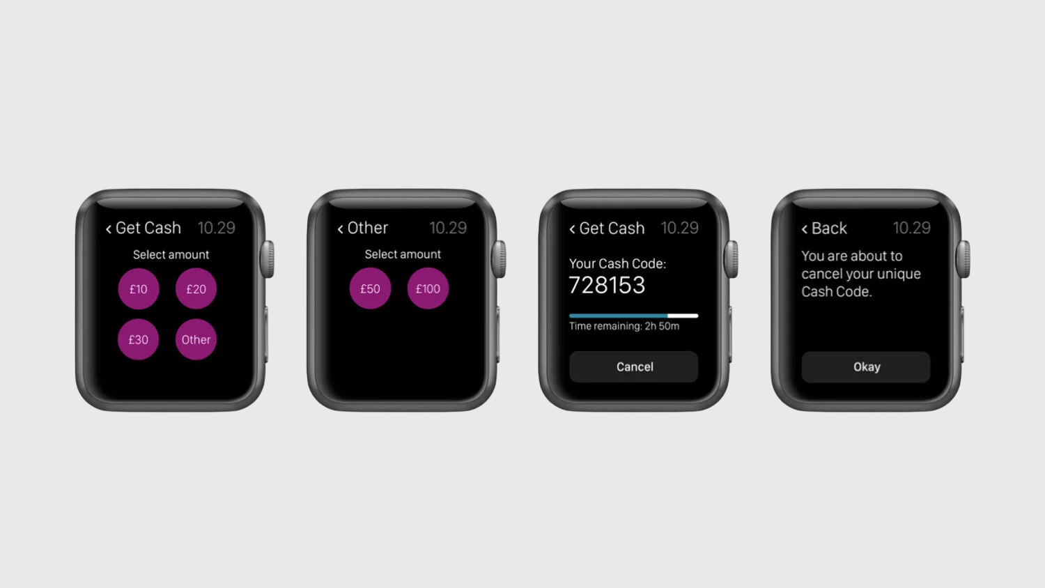 Smartwatch screen showing steps to Get Cash in the NatWest banking app, including selecting amounts, generating a unique cash code, and canceling the transaction.