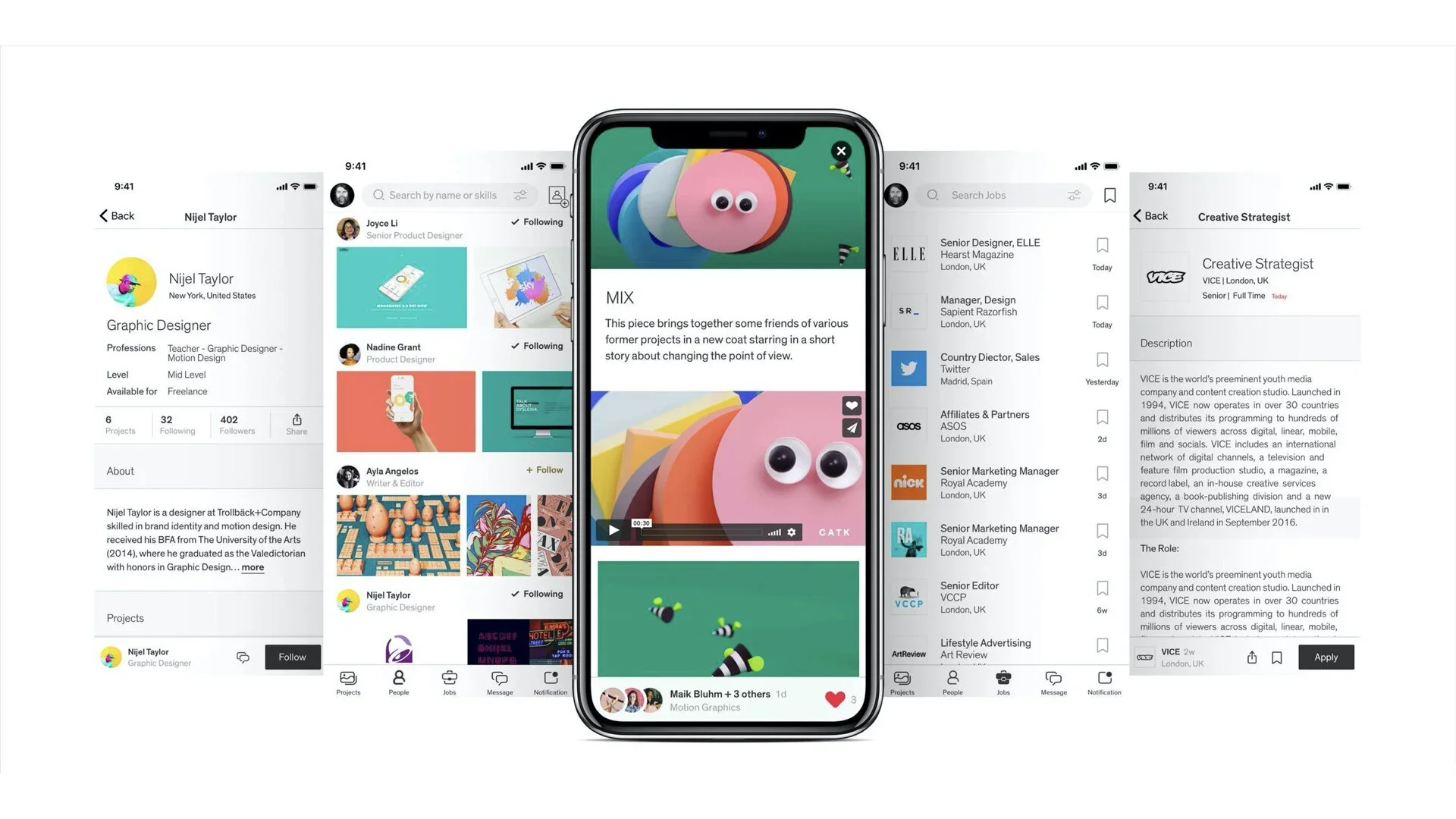 Follow creative professionals in a visual feed, explore full-screen project stories, view portfolio profiles, and search a job board with one-tap save and apply.