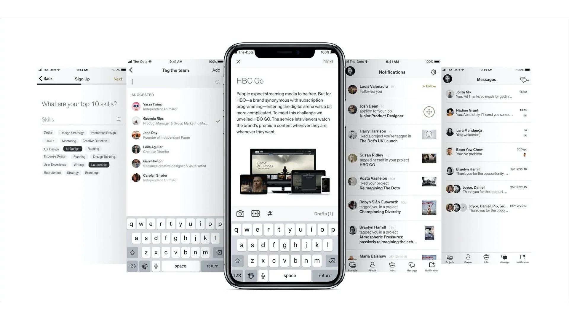 Pick your top skills, tag collaborators, and publish case studies with media tools and drafts. Stay connected through notifications and messages.