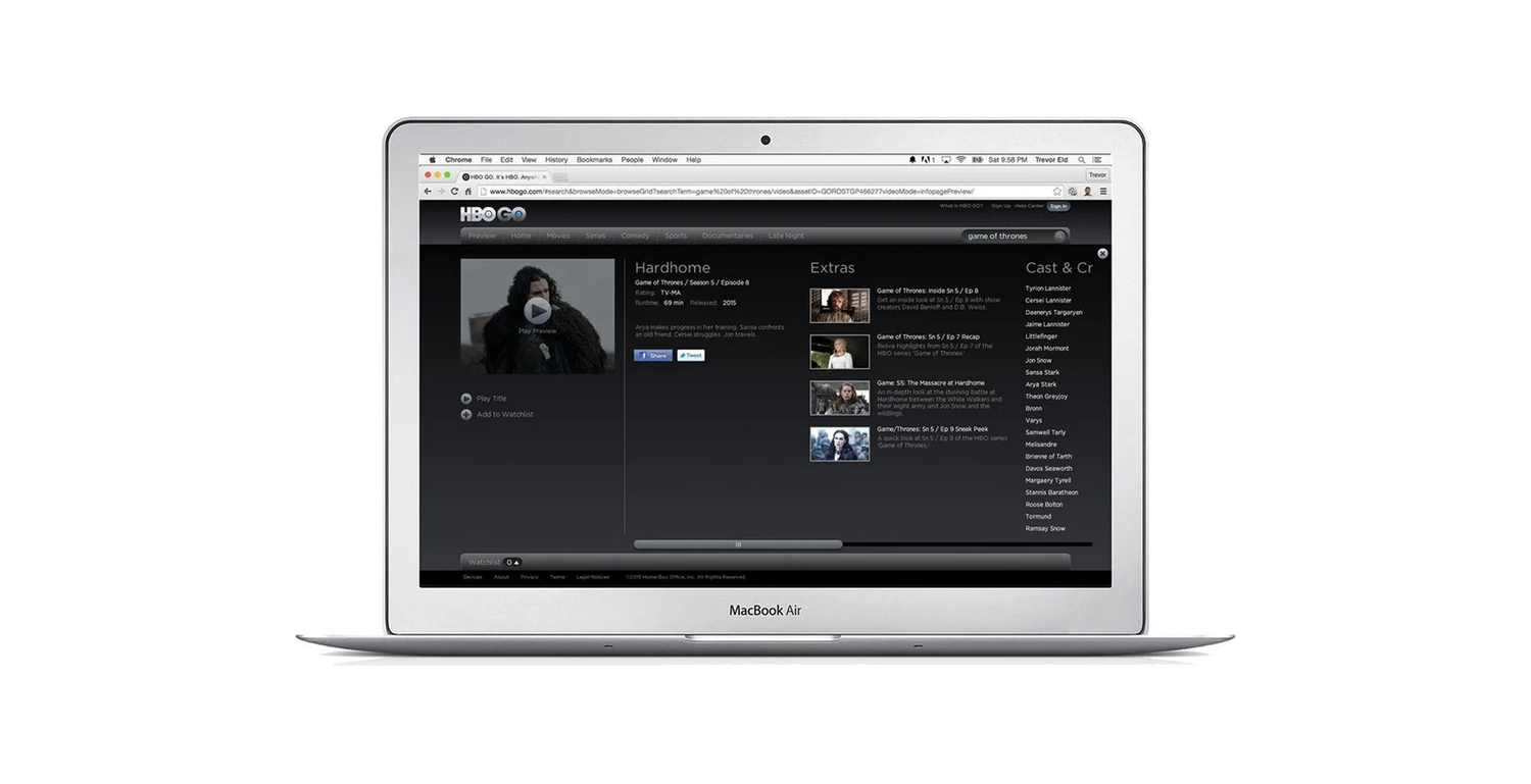 Silver MacBook Air displaying HBO GO streaming service on the screen, showing the series Game of Thrones.