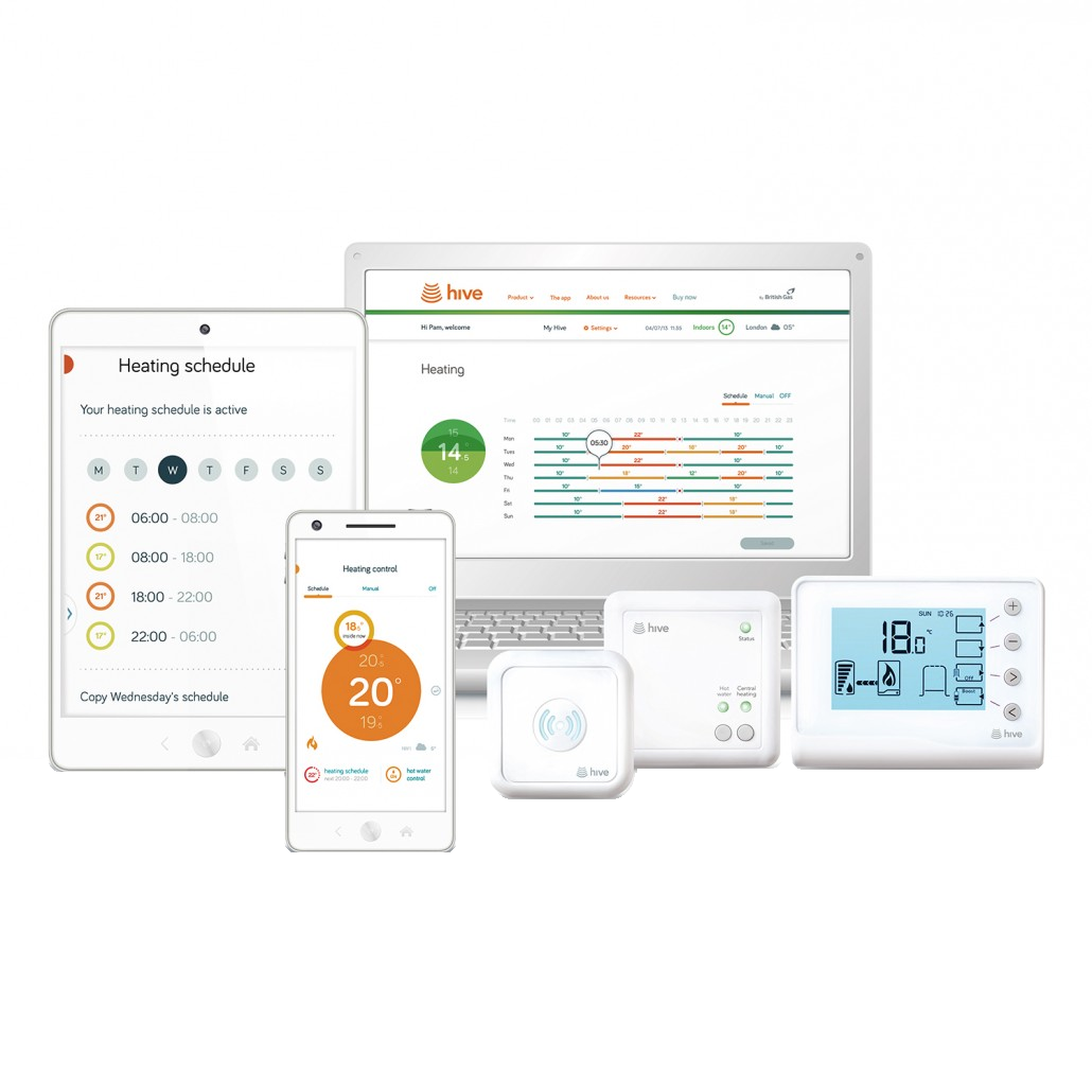 Smart home heating control system including multiple devices and screens showing temperature settings and schedules.
