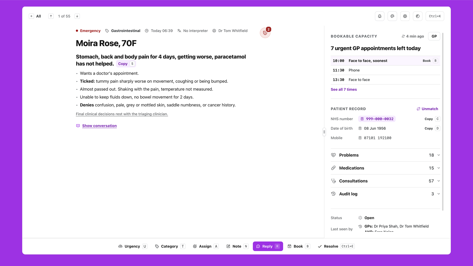 On a request triage staff can take a variety of actions to resolve a request quickly and safely with a wealth of patient health record info at their fingertips.