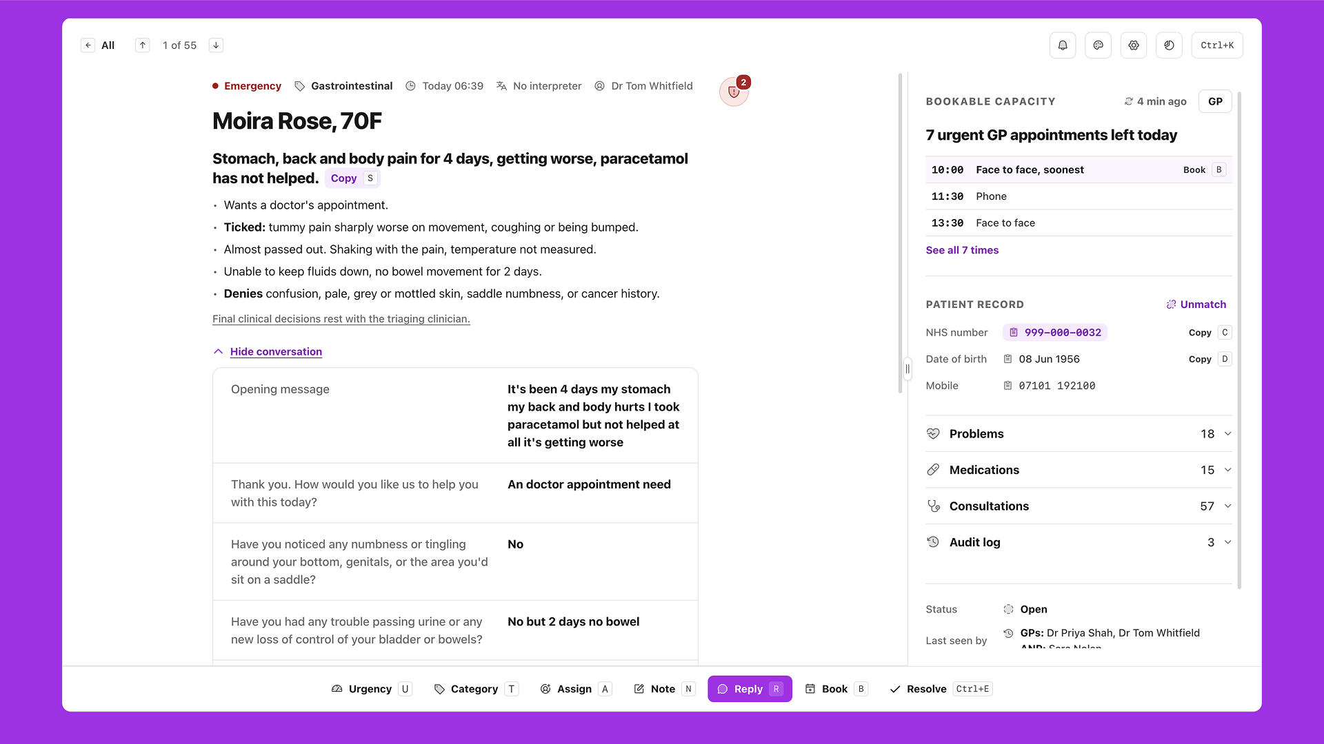 If a triager needs more info about a request they click a toggle to review the full conversation between the patient and our AI engine.