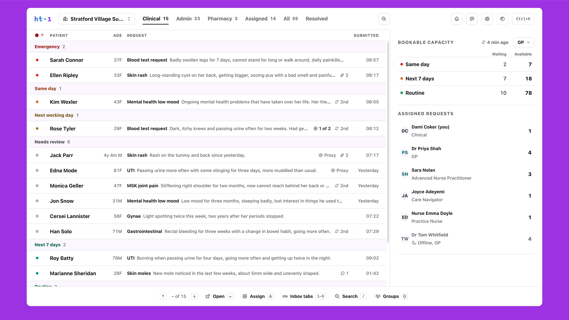 Patient requests are automatically allocated to the right team inbox where practice staff can see a bird's eye view of their day.