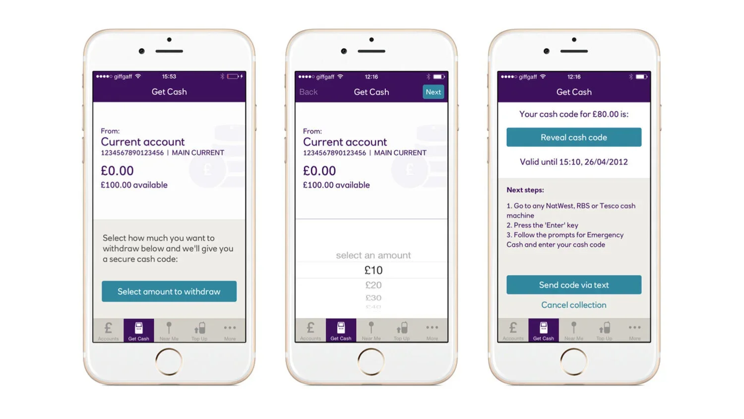 Three smartphones showing steps to Get Cash in the NatWest banking app, showing account details, withdrawal options, and cash code information.