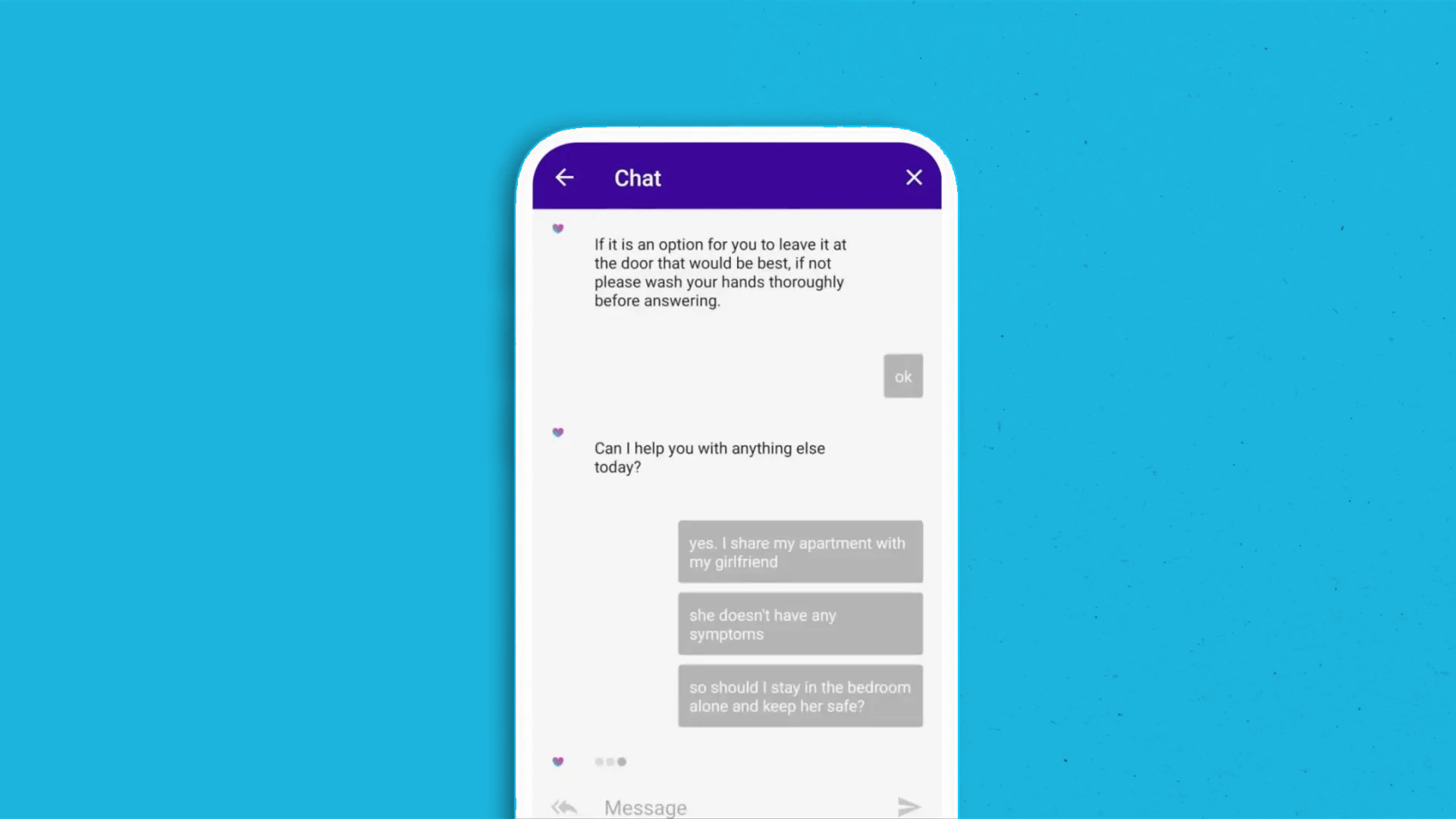 Patients could use our chat feature to ask questions and receive answers from a member of the Babylon team or the dedicated Covid Care Assistant AI.