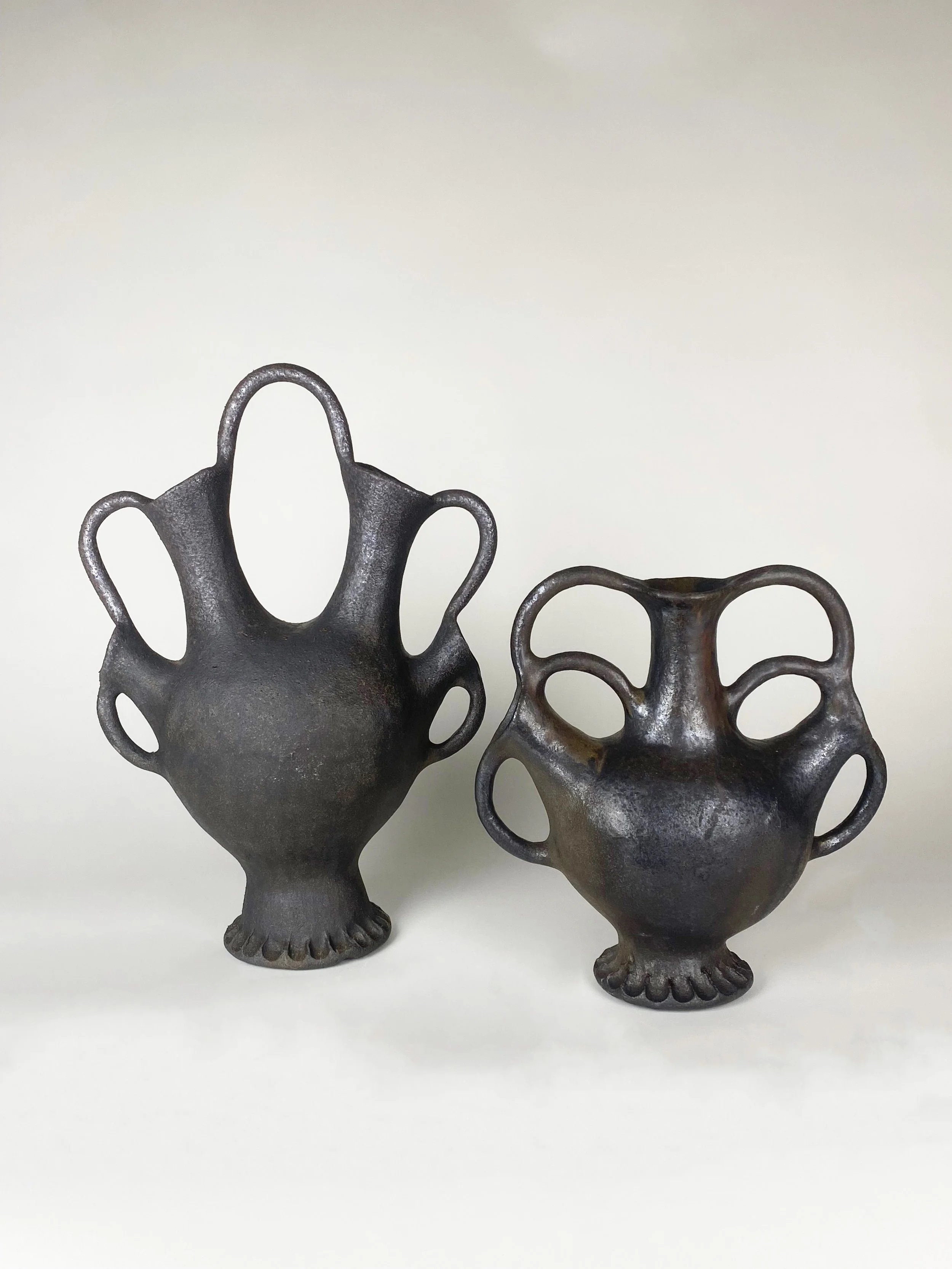 Partnered Vessels, 2025. Atmospherically wood fired to cone 10 with wood ash finish on bare clay. 