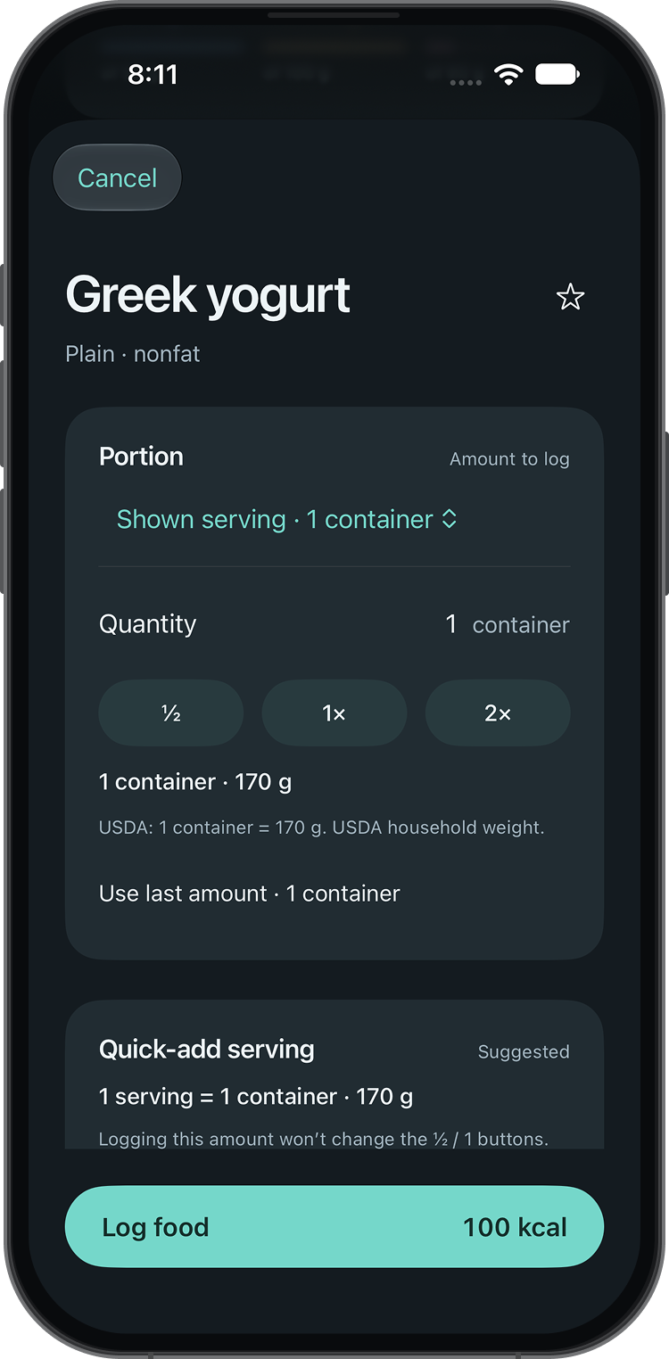 Mobile app screen showing logging details for Greek yogurt, including serving size, quantity options, weight, and calorie information.
