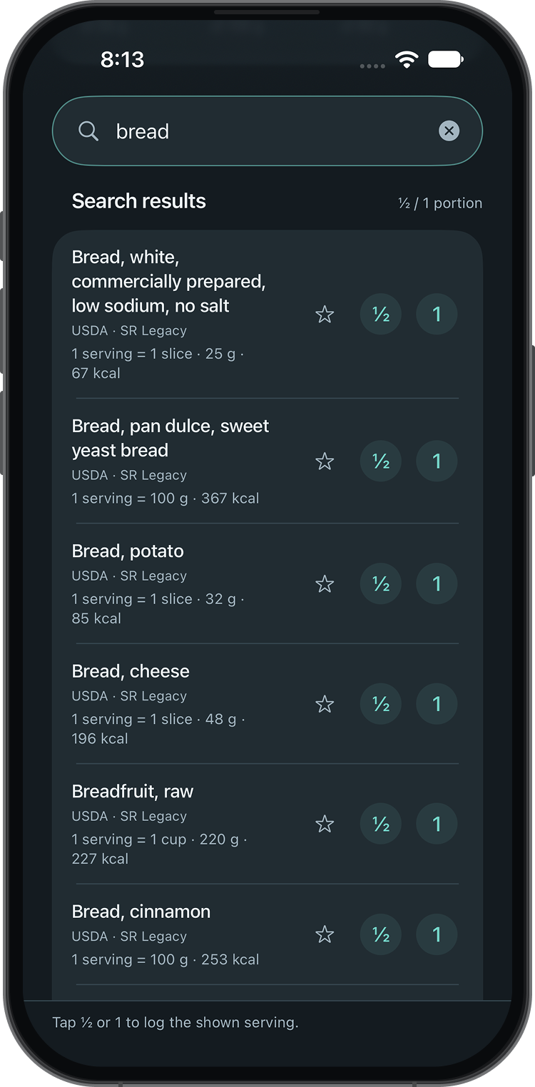 Screenshot of a smartphone displaying search results for different types of bread, including white bread, sweet yeast bread, potato bread, cheese bread, raw breadfruit, and cinnamon bread, with nutritional details for each.