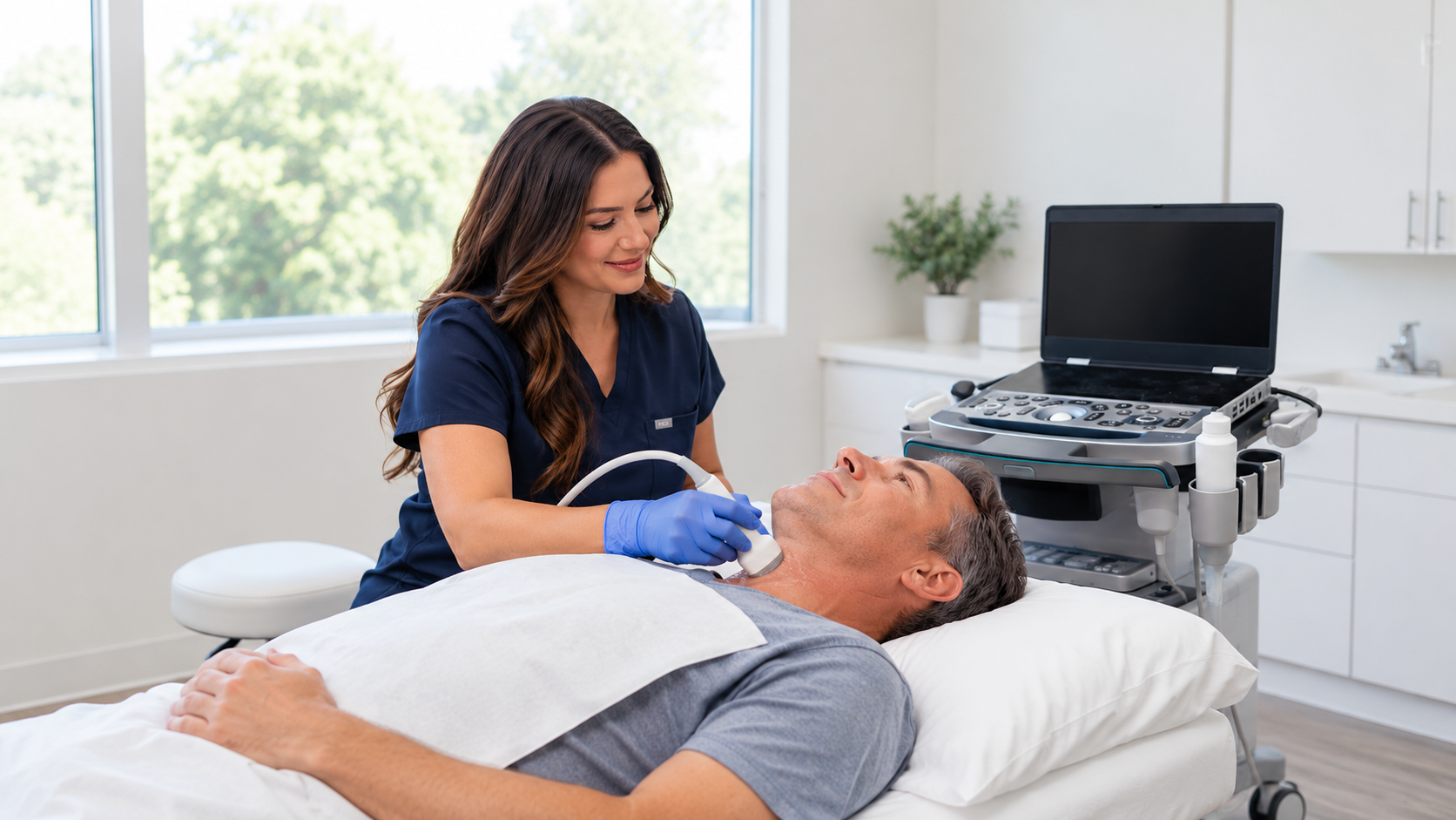A healthcare professional performing an ultrasound examination on a male patient lying in a hospital bed with a nasal cannula, in a well-lit medical room with a large window and medical equipment nearby.