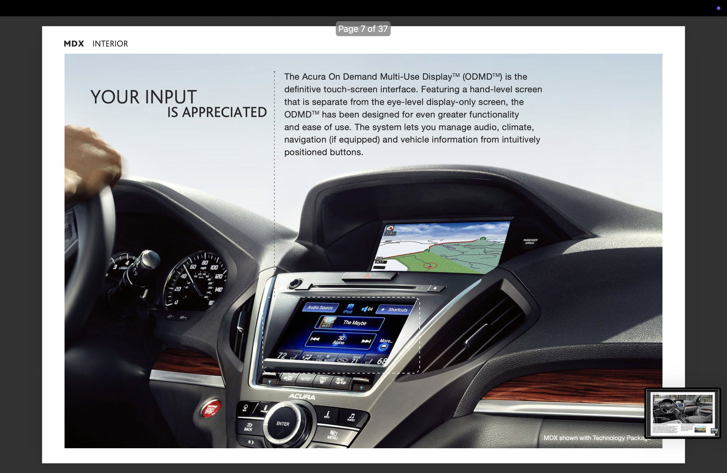 Interior view of a car dashboard featuring a touchscreen infotainment system displaying music options and climate controls, with a navigation display showing a map visible in the background.