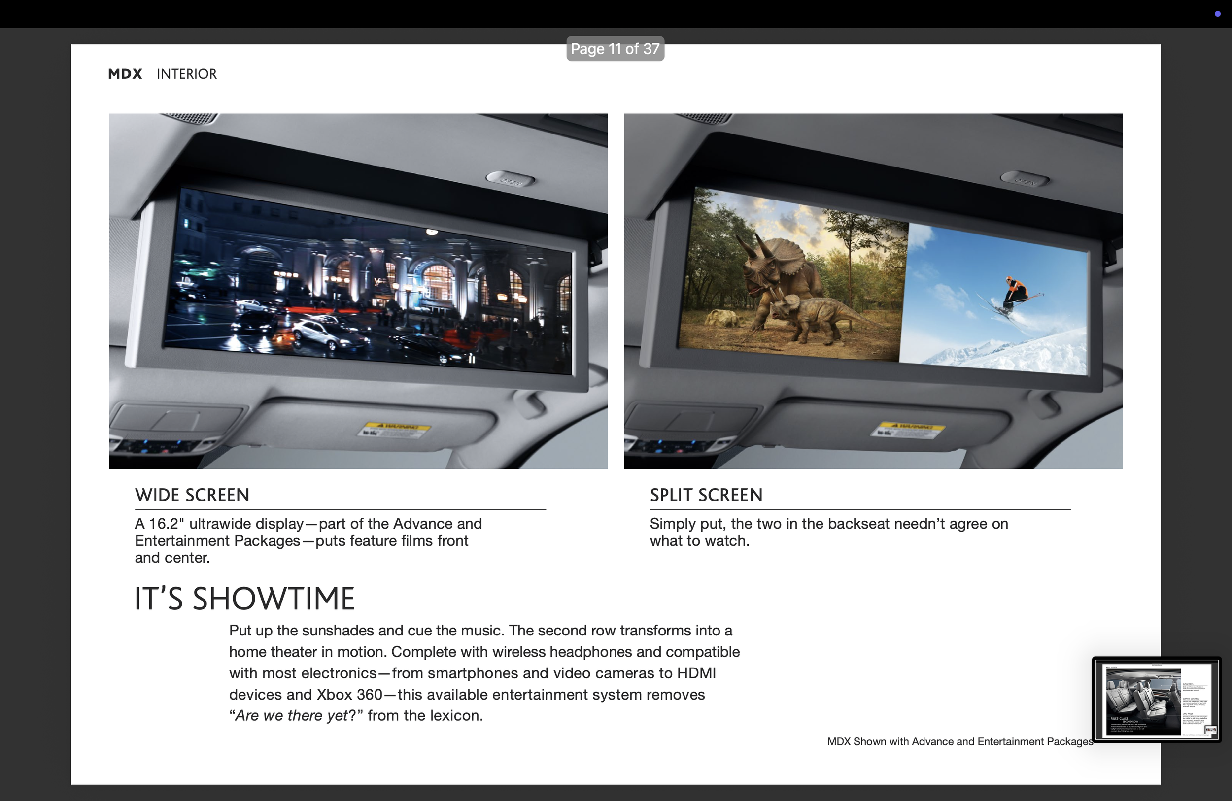 Comparison of interior car entertainment screens showing wide and split screen modes, with descriptions of each feature.