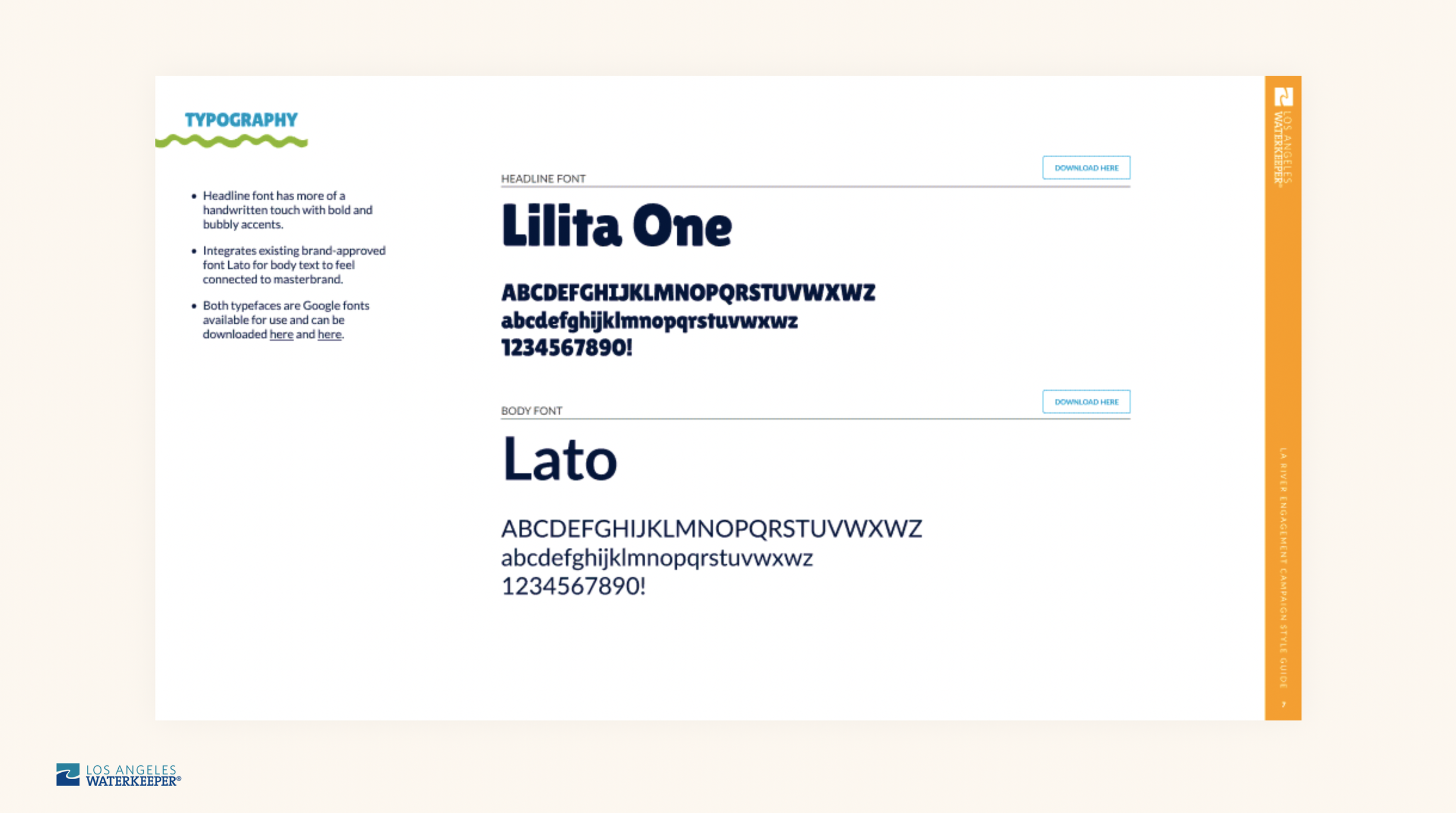 Sample text showcasing different font styles, including headline and body fonts, with 'Lilita One' as the headline font and 'Lato' as the body font, along with font examples and download links.