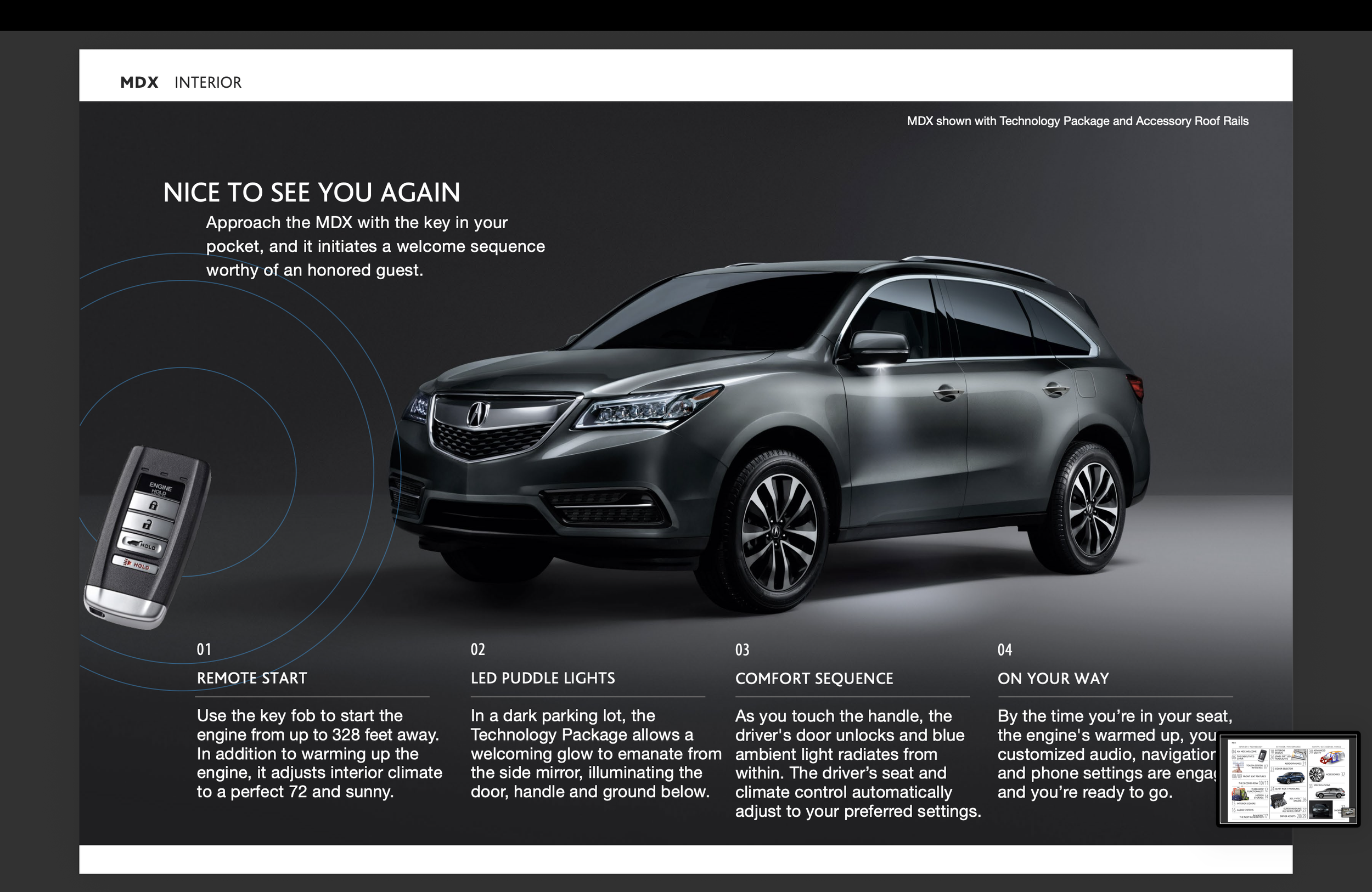 A digital brochure page showing a grey Acura SUV and a black remote key fob. The brochure provides a welcome message and describes features such as remote start, LED puddle lights, comfort sequence, and on your way. The background is dark grey, and t