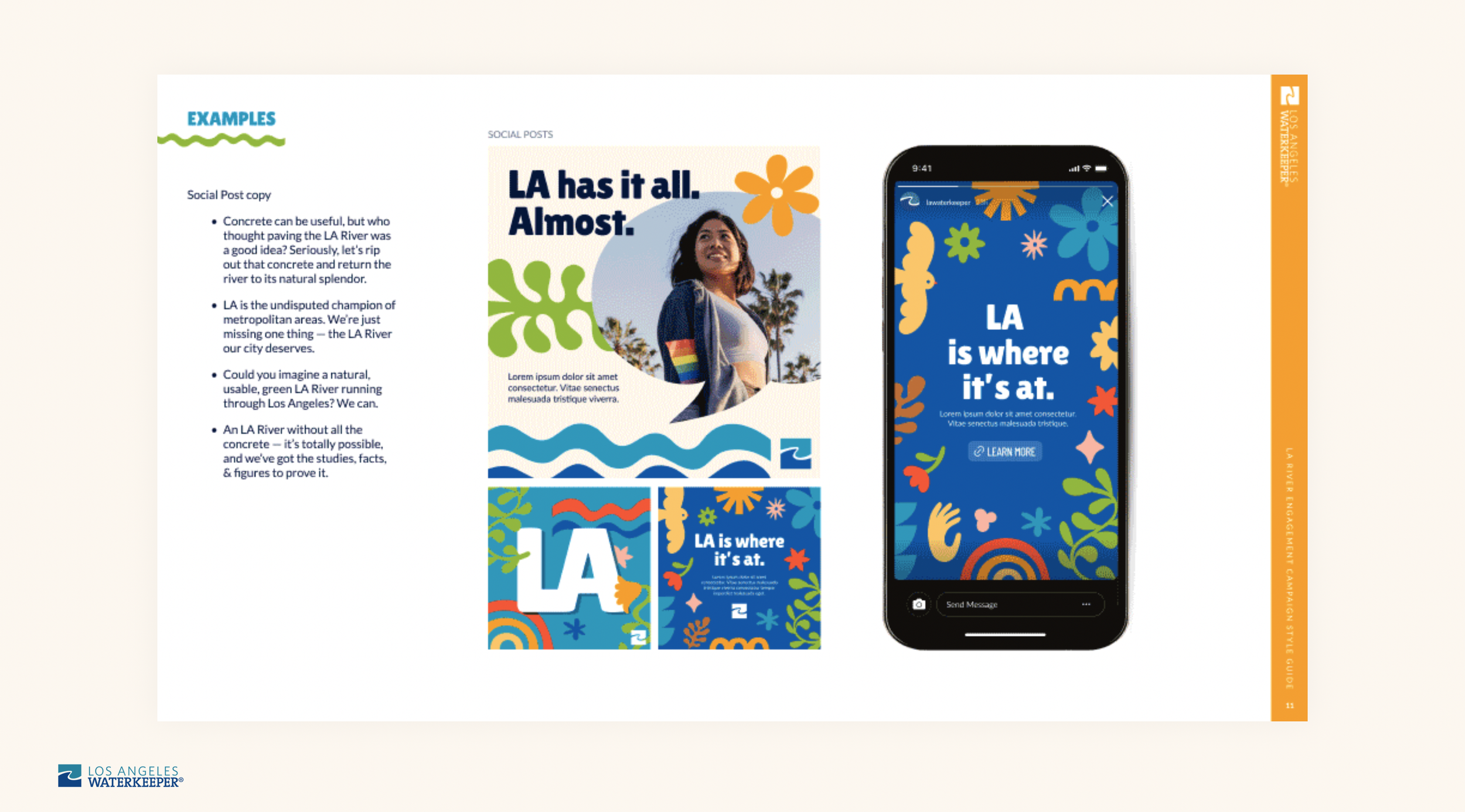 A page from a design guide showing examples of social media posts promoting LA Waterkeeper with colorful graphics and a smiling woman, featuring the phrases "LA has it all. Almost." and "LA is where it’s at.".