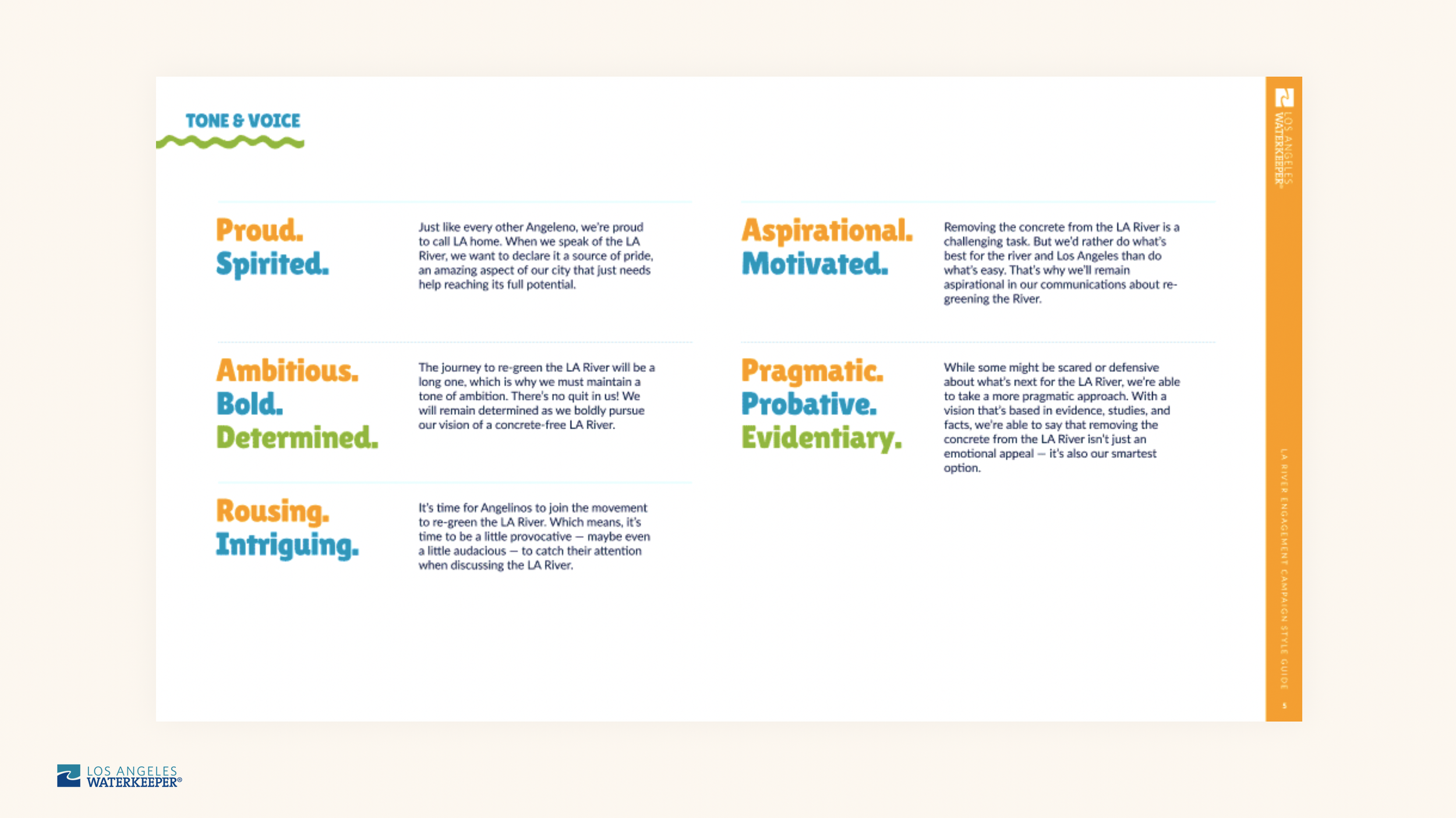 A printed flyer titled 'Tone & Voice' with sections describing qualities like Proud, Spirited, Ambitious, Bold, Determined, Rousing, Intriguing, Aspirational, Motivated, Pragmatic, Probative, and Evidentiary. The flyer includes paragraphs explaining 