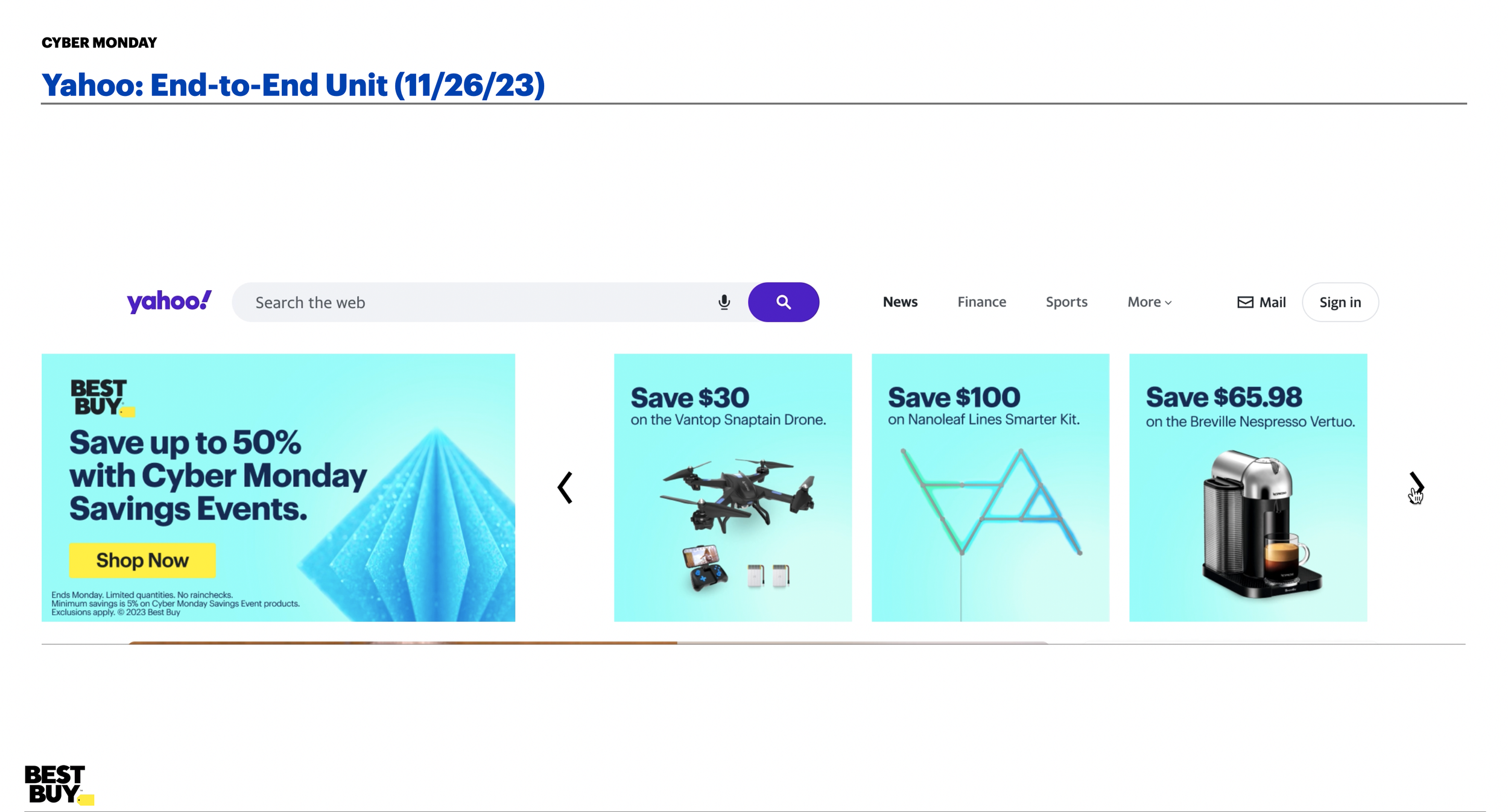 Yahoo deal promotion webpage with Cyber Monday sales, featuring discounts on drones, coffee machines, and other electronics, with banners highlighting savings up to 50%.