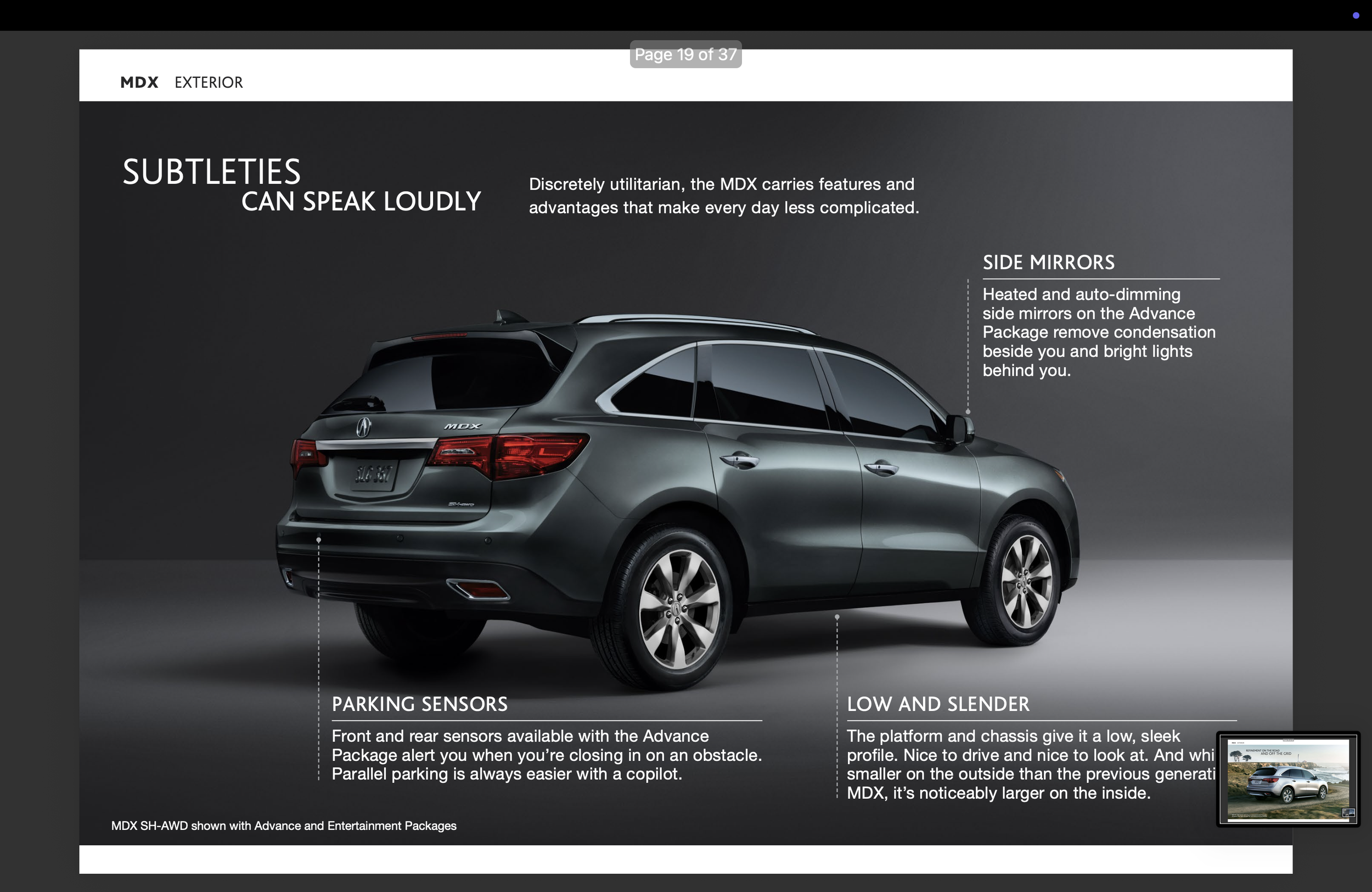 A dark gray SUV viewed from the back and side, labeled as Acura MDX, with descriptions of exterior features on a digital presentation slide. The slide includes text about subtle exterior features, side mirrors, parking sensors, and the low and slende