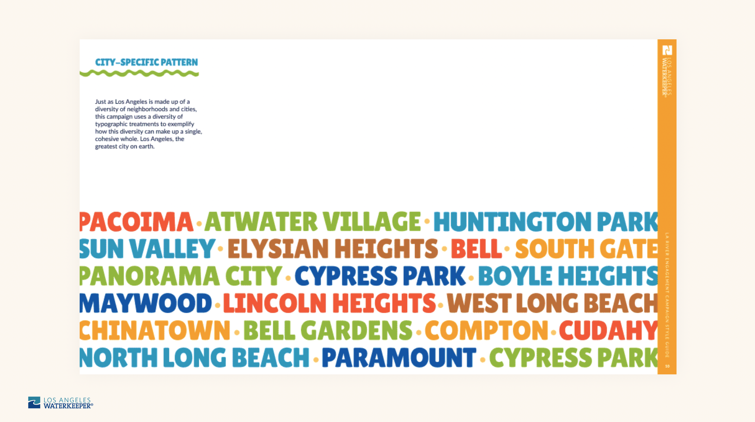A colorful graphic displaying neighborhood names in Los Angeles, California, in various bright colors and bold fonts, under the title 'City-Specific Pattern'.