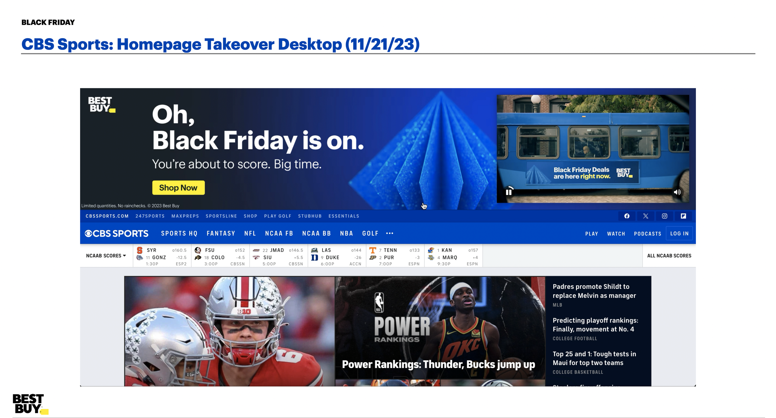 CBS Sports homepage promoting Black Friday deals, featuring a large blue geometric graphic, a blue bus with a sign indicating Black Friday deals, and navigation menus for sports categories.