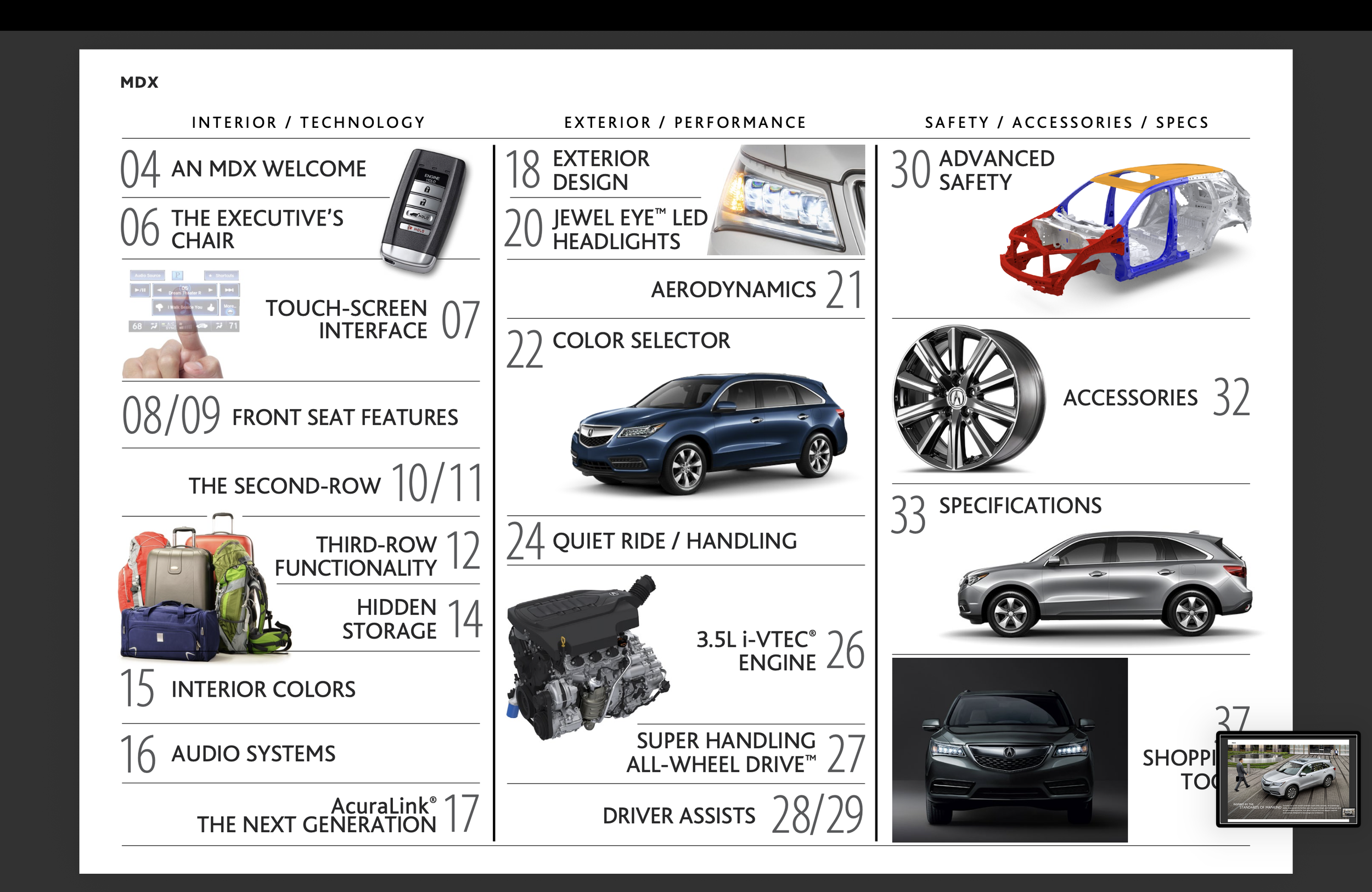 Page from an automotive brochure with sections on interior technology, exterior performance, and safety features, including images of a car key, headlamps, car, wheel, luggage, engine, and car photos.