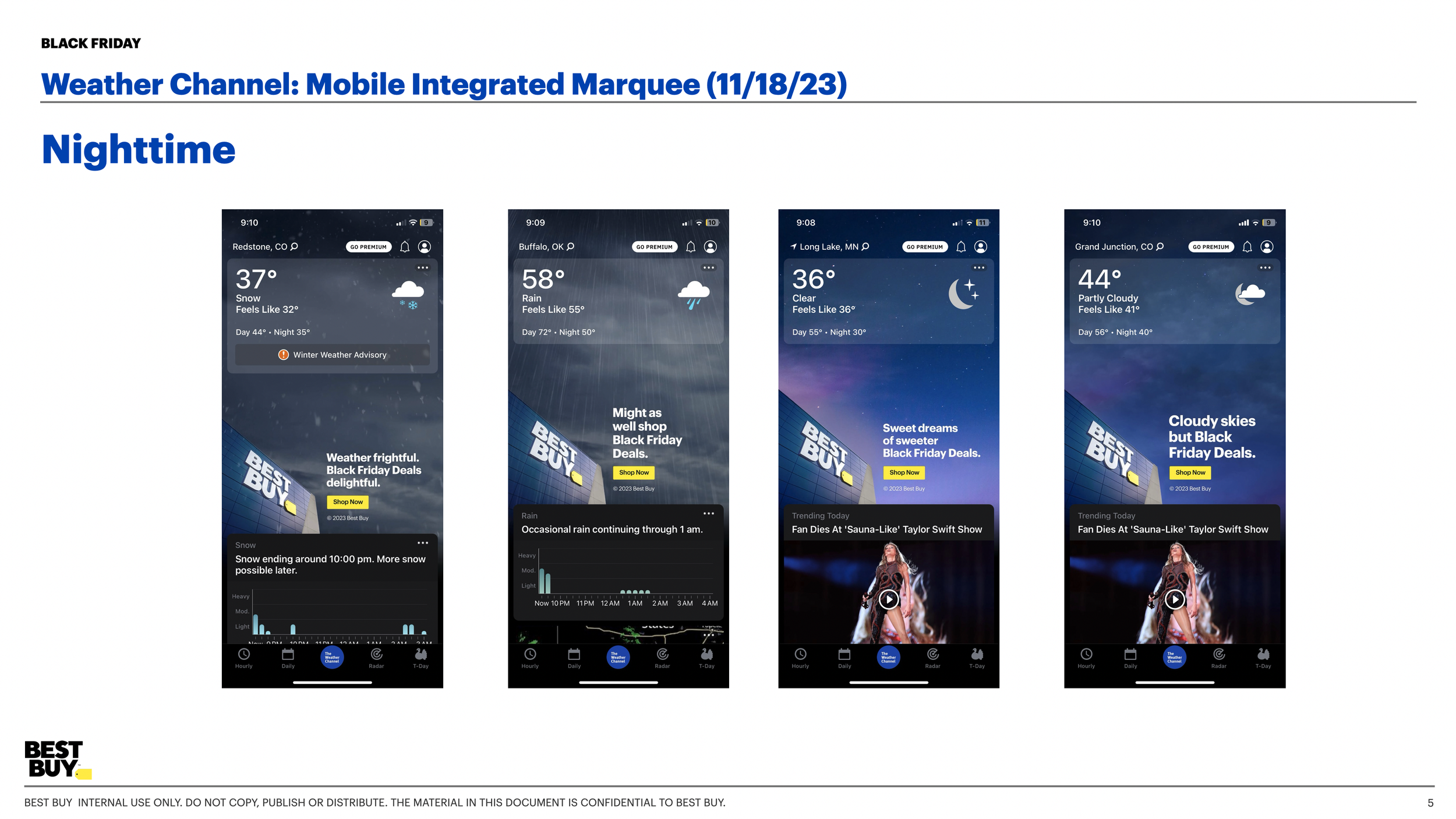Weather forecast app showing nighttime weather conditions in four different locations with snow, rain, clear skies, and partly cloudy skies, along with promotional banners and trending news.
