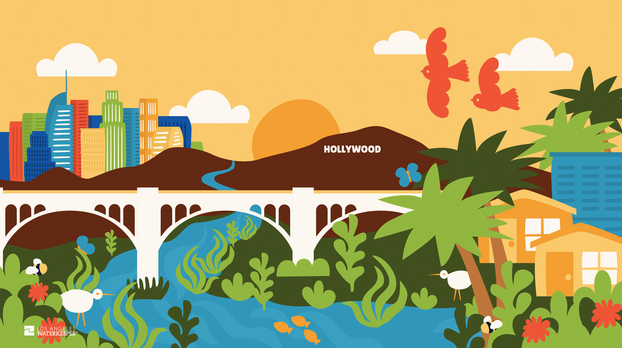 Colorful illustration of Los Angeles with skyscrapers, a bridge, a river, lush greenery, birds, a butterfly, and a setting sun in the background.