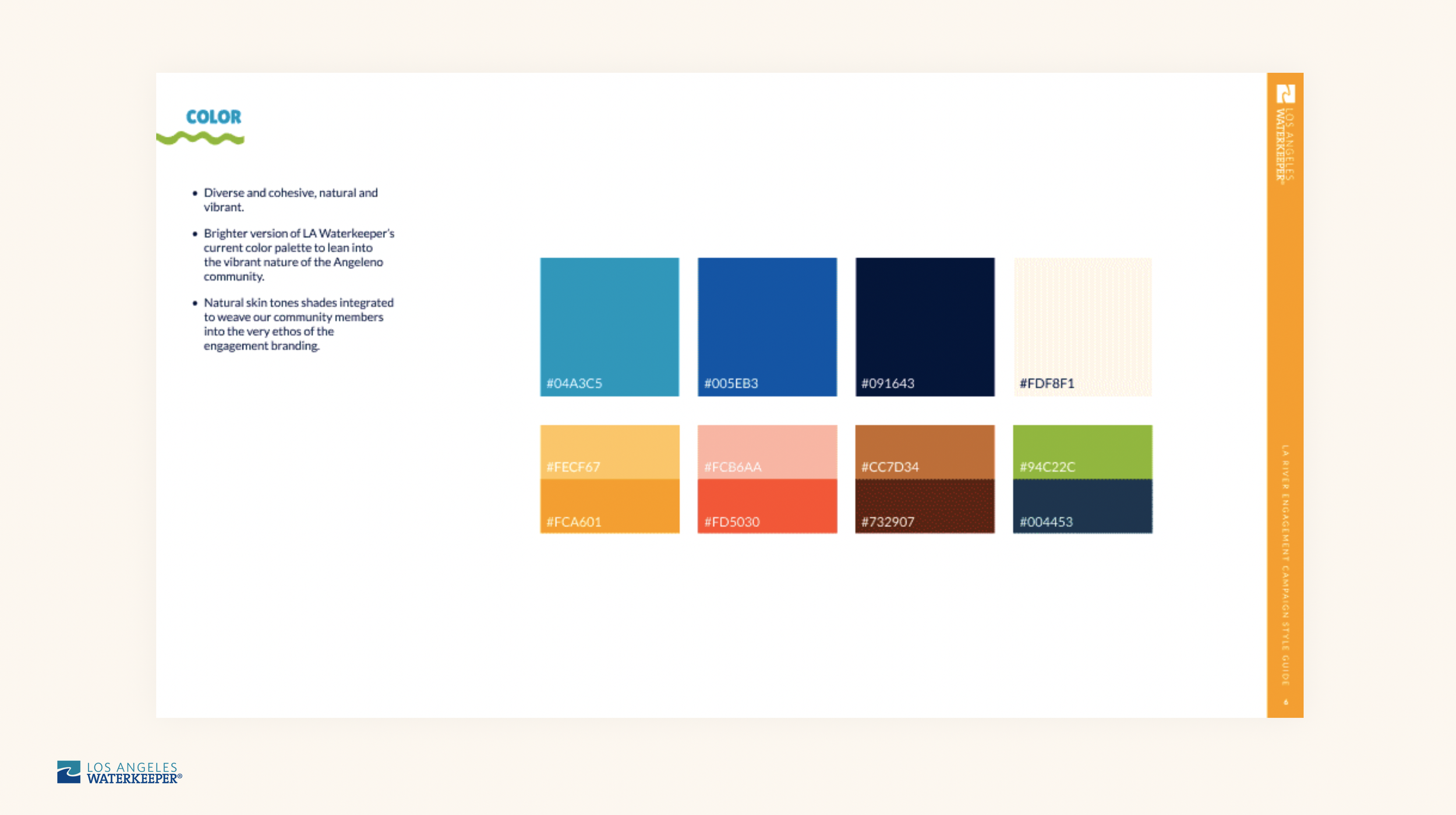 A color palette with swatches of various shades including blues, pinks, reds, browns, and greens, accompanied by descriptive text about natural and vibrant tones for LA Waterkeeper branding.