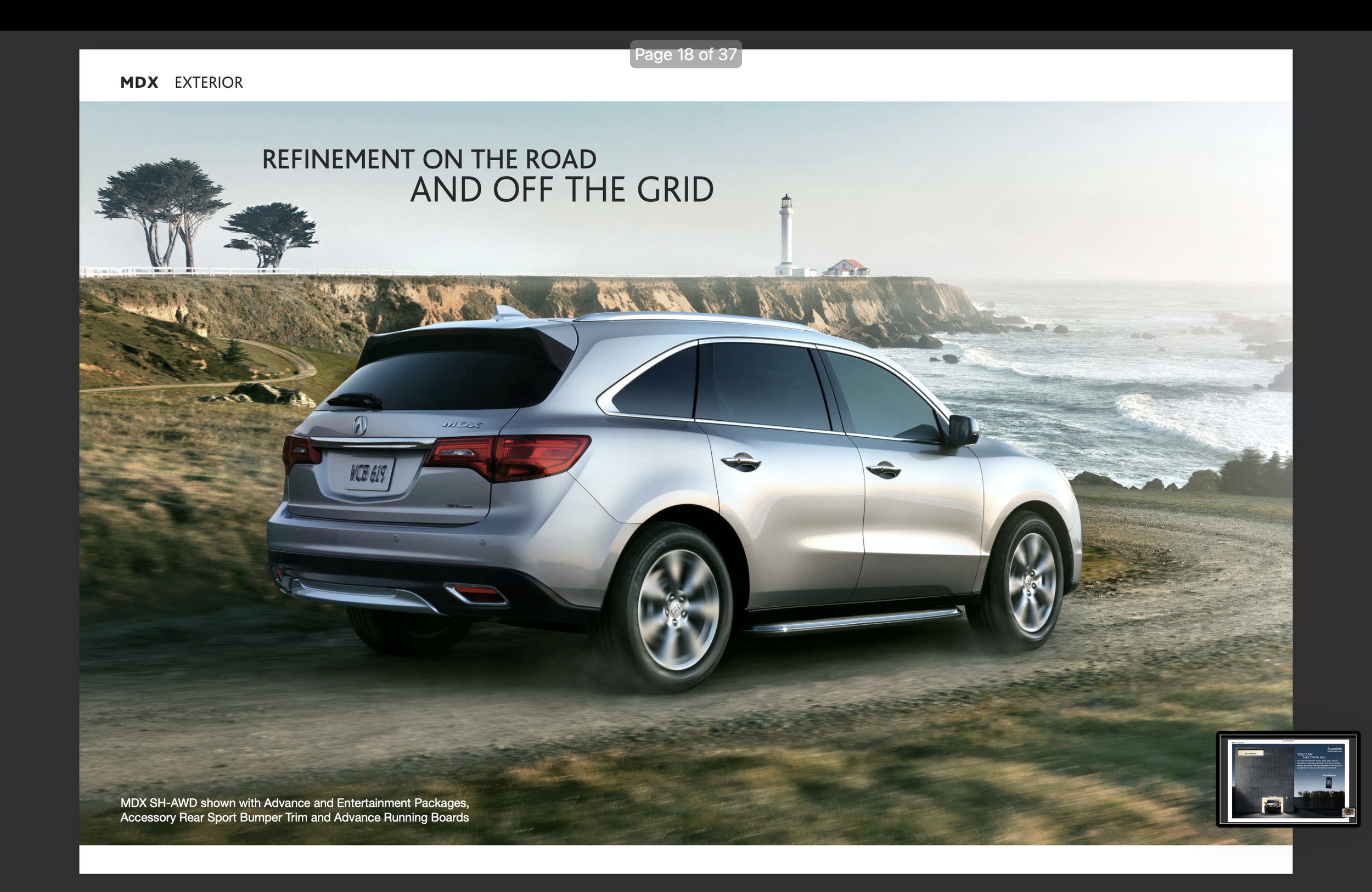 Silver SUV driving along a coastal road with cliffs, trees, lighthouse, and ocean in the background.
