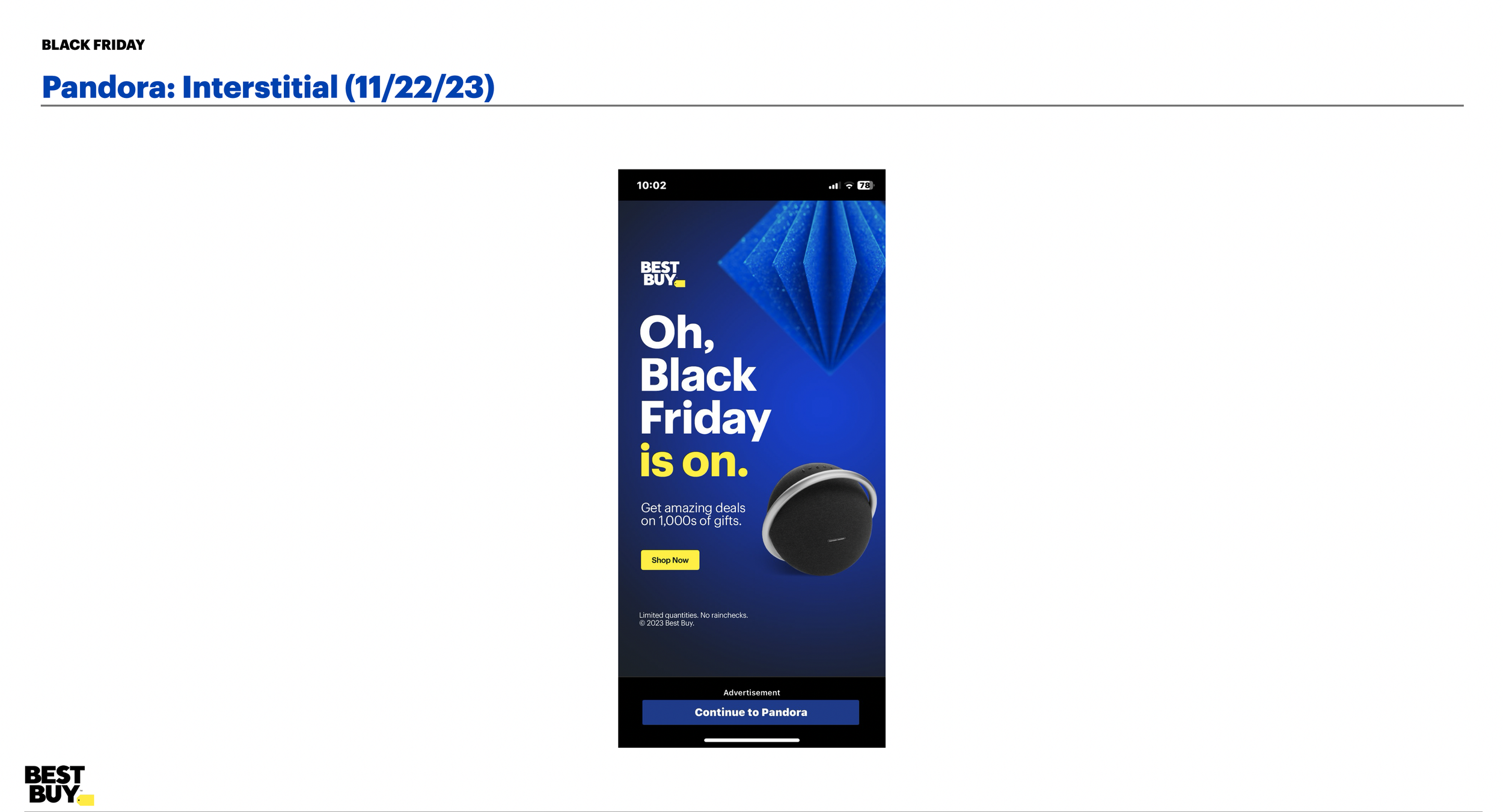 A promotional digital ad for Black Friday from Best Buy featuring a dark blue background with a geometric blue crystal design. The text reads: "Oh, Black Friday is on." Below, it promotes deals on gifts, with a yellow "Shop Now" button and a black ba
