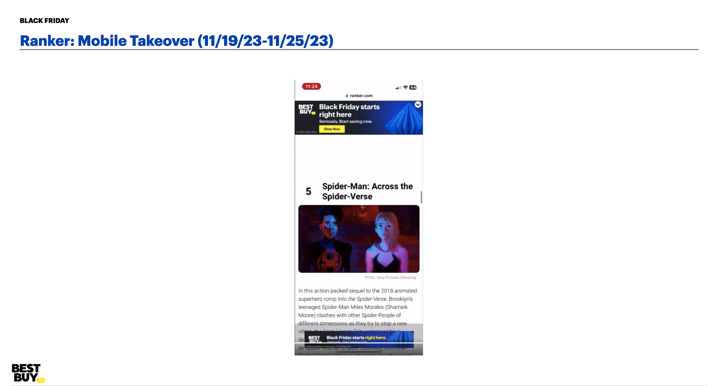 Black Friday sale. The top banner advertises Black Friday starts right here with a yellow "Shop Now" button. Below is an article about the animated movie 'Spider-Man: Across the Spider-Verse,' featuring an illustration of two animated characters, one