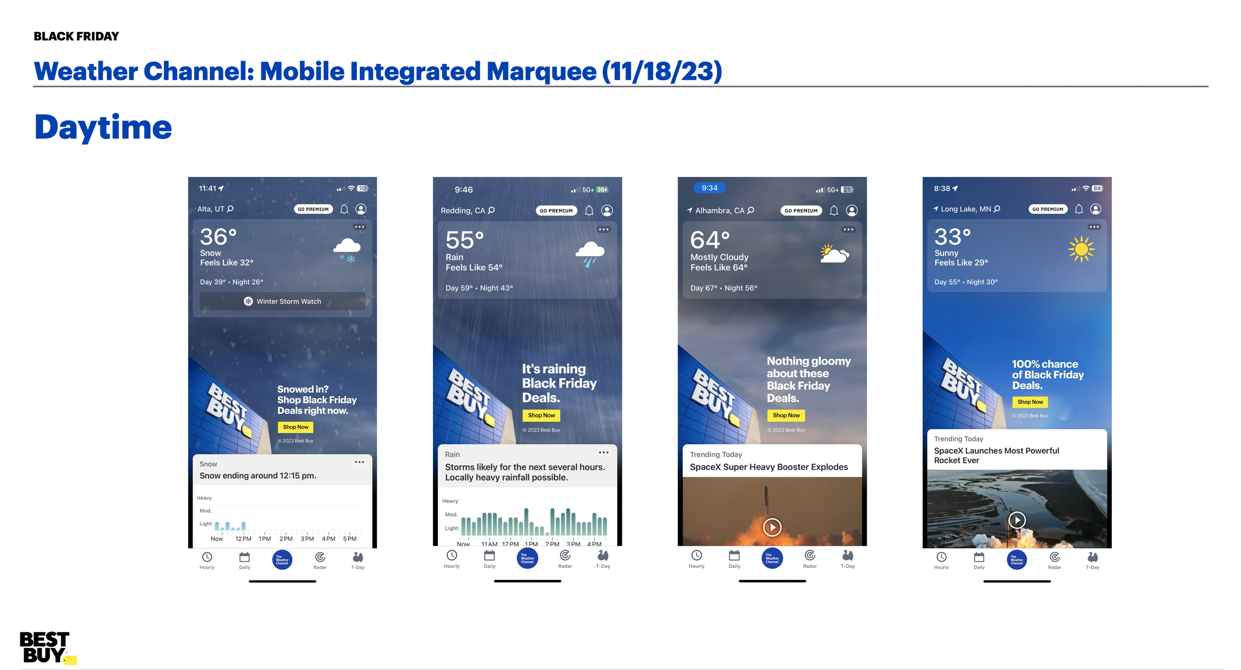A screenshot of a weather app showing weather forecasts for four locations during the daytime: Alta, Utah with snow and a winter storm watch; Redding, California with rain and storm warnings; Alhambra, California with mostly cloudy weather; and Long 